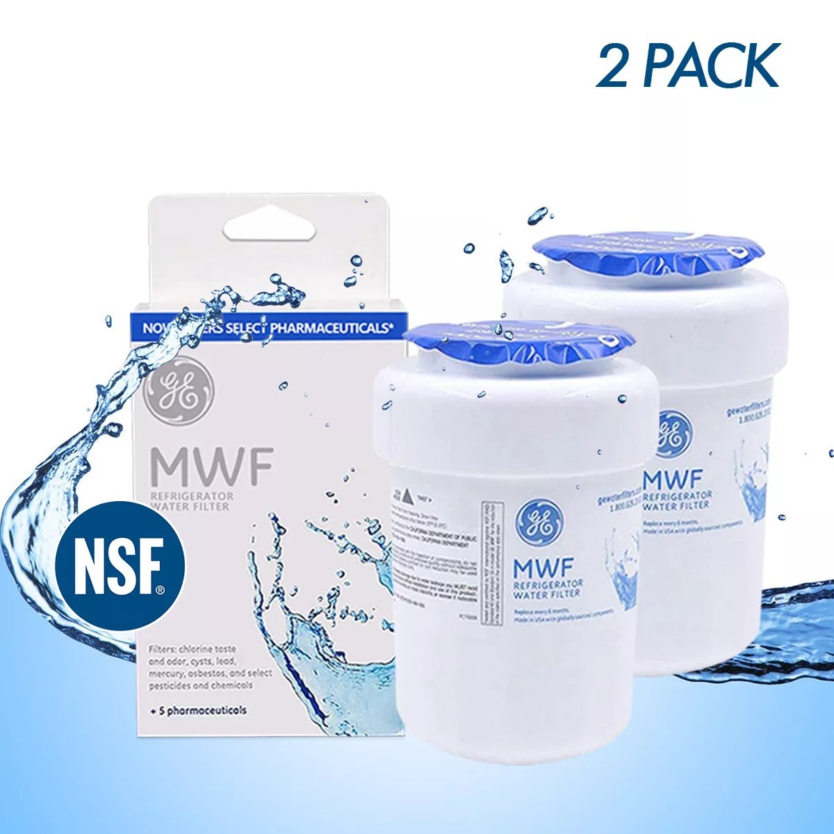 2 Pack GE MWF Genuine Sealed GWF 46-9991 MWFP Smartwater Fridge Water Filter