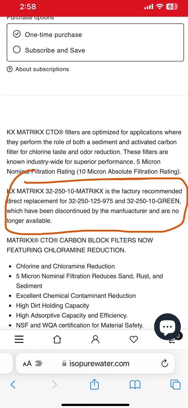 Matrikx CTO 32-250-MATRIKX Green JB95KP40H141 Water Filter