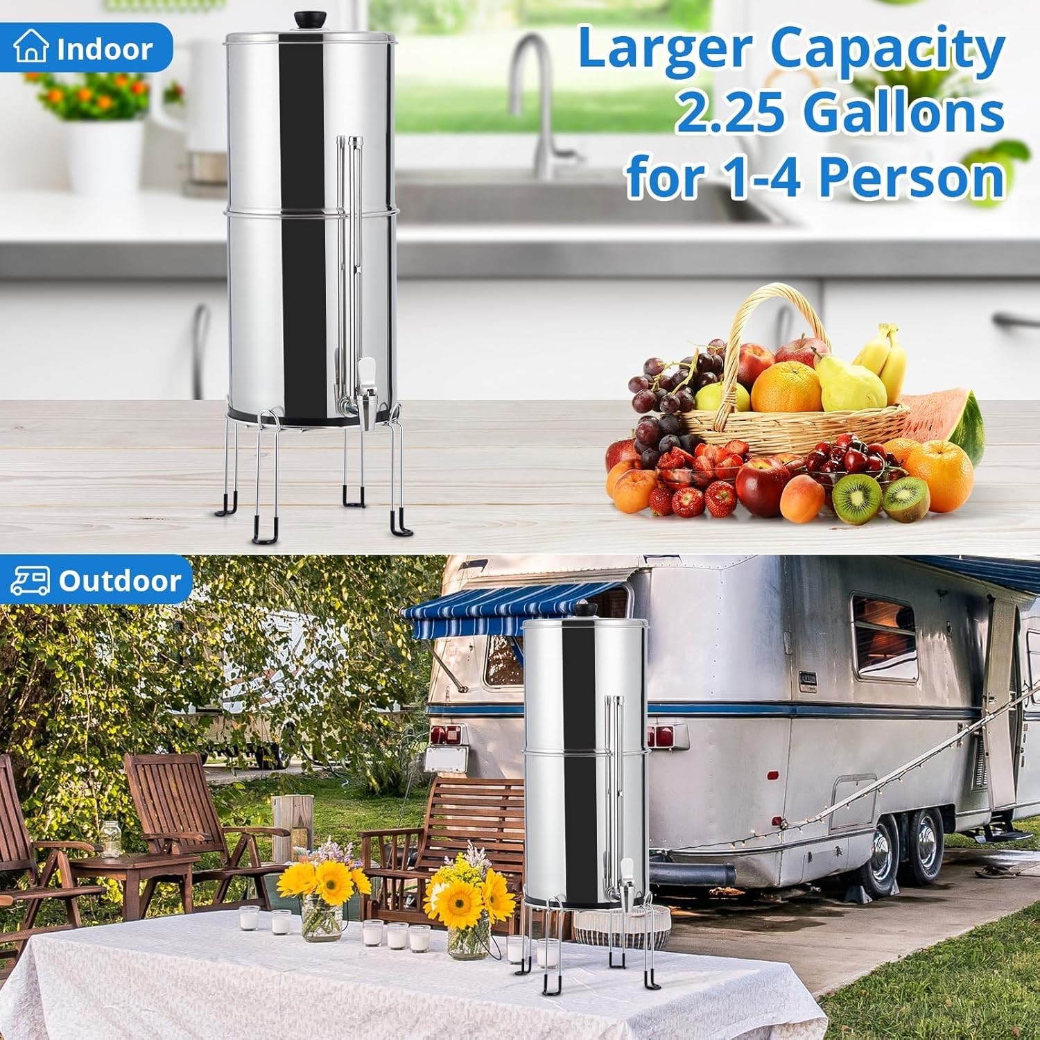 2.25 Gal Gravity-fed Water Filter System 2 Filters S.Steel 1-4 Person Purifier