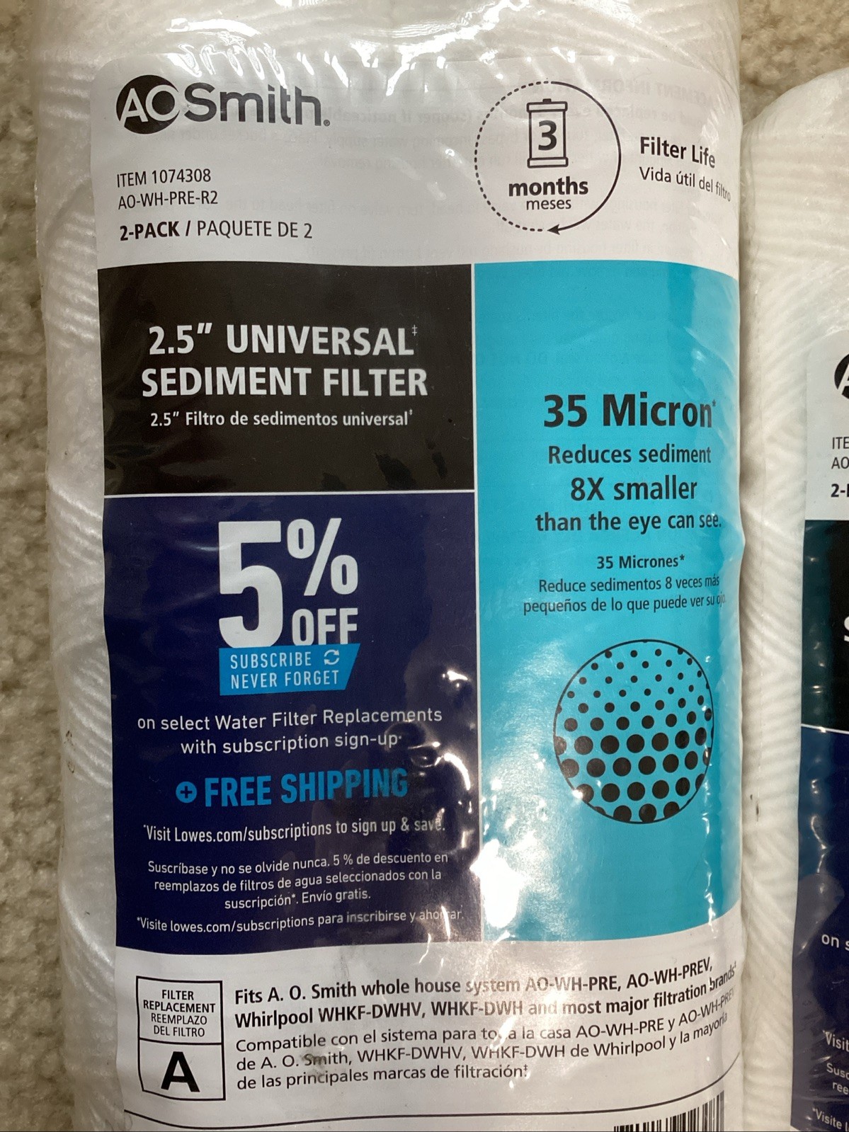2packs AO Smith 2.5” Univ Sediment Filter AO-WH-PRE-R2 New Sealed