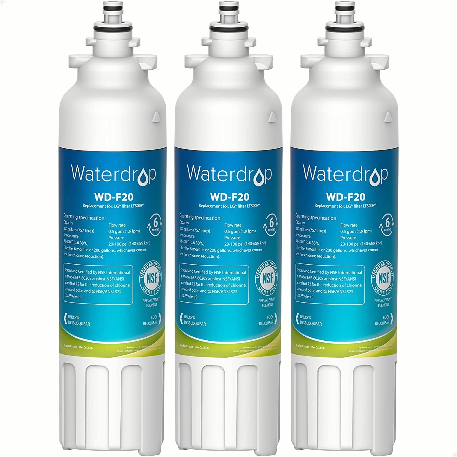 Waterdrop Refrigerator Water Filter, Replacement for LG® LT800P®, Pack of 3