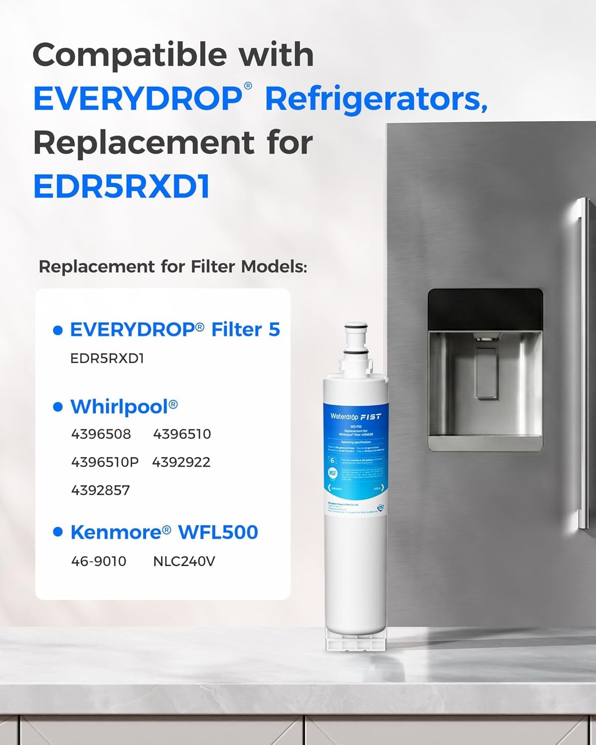 Waterdrop 4396508, 4396510, 4396508p, 4396547 Refrigerator Water Filter, 4 Packs