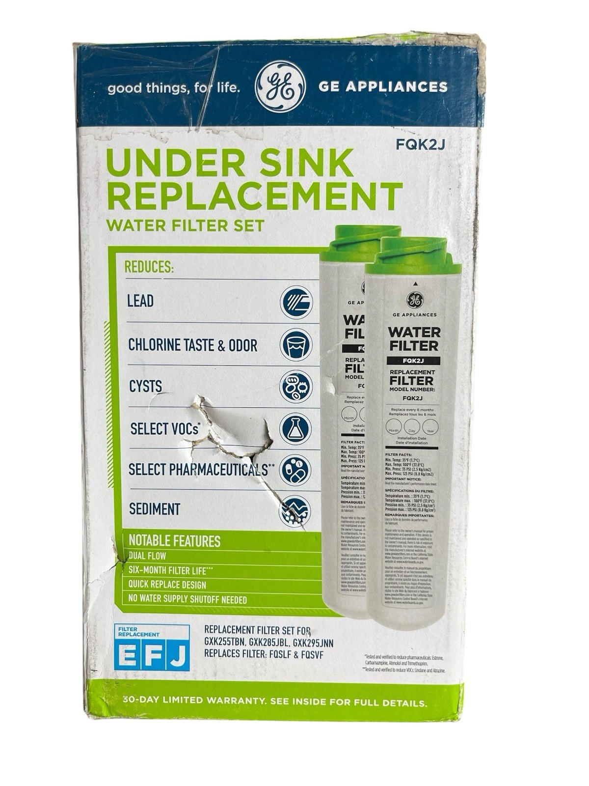 GE FQK2J Dual Flow Water Filter Replacement Fits GNK255TBN GXK285JBL GXK295JNN