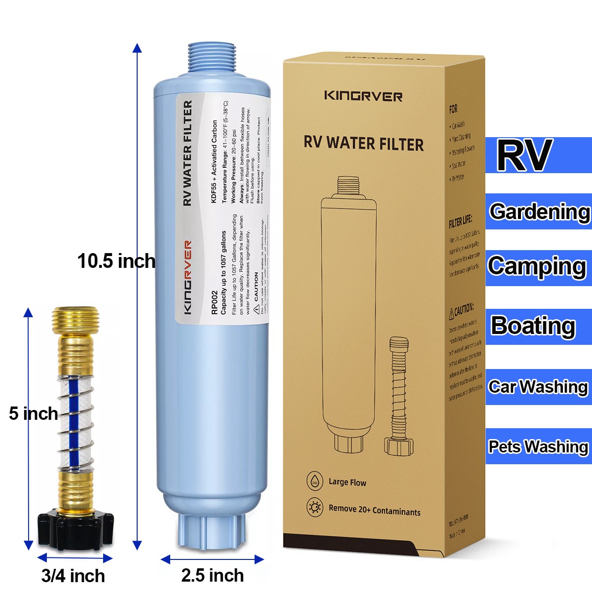 KingRVer RV Camper Inline Water Filter Reduce Chlorine Camping Water Hose Filter