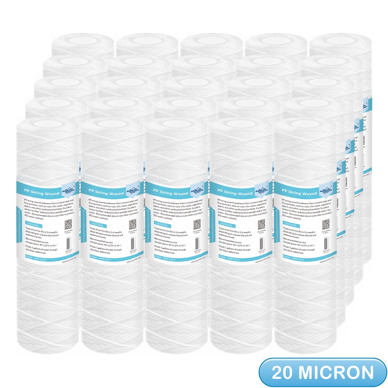 25 Pack 2.5×10 Inch Whole House String Wound Sediment PP Water Filter 20 Micron