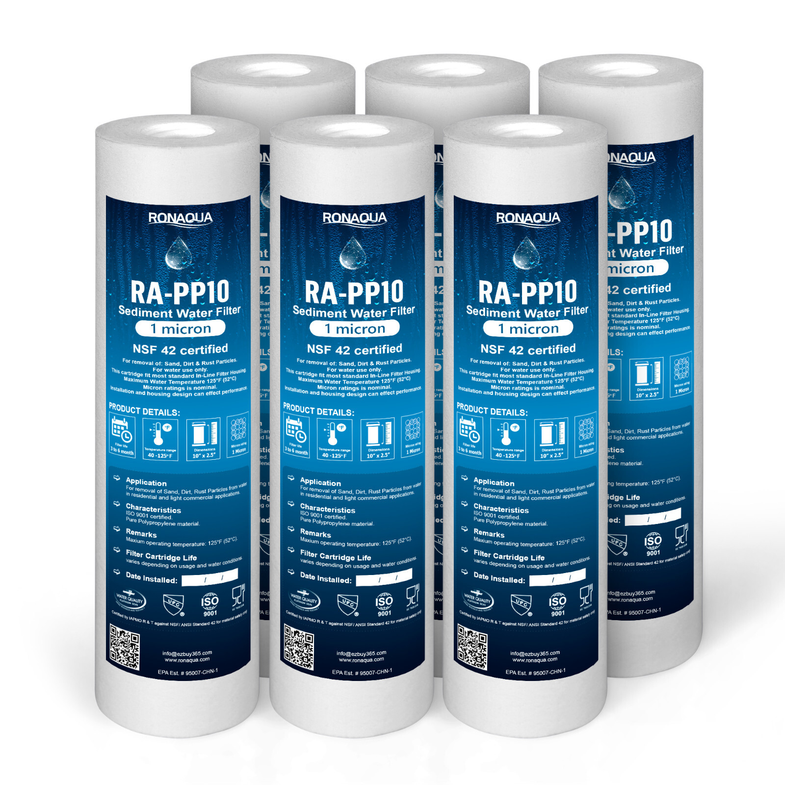 6 Pack Sediment 1 Micron Water Filter Cartridges 2.5″ x 10″ for Reverse Osmosis