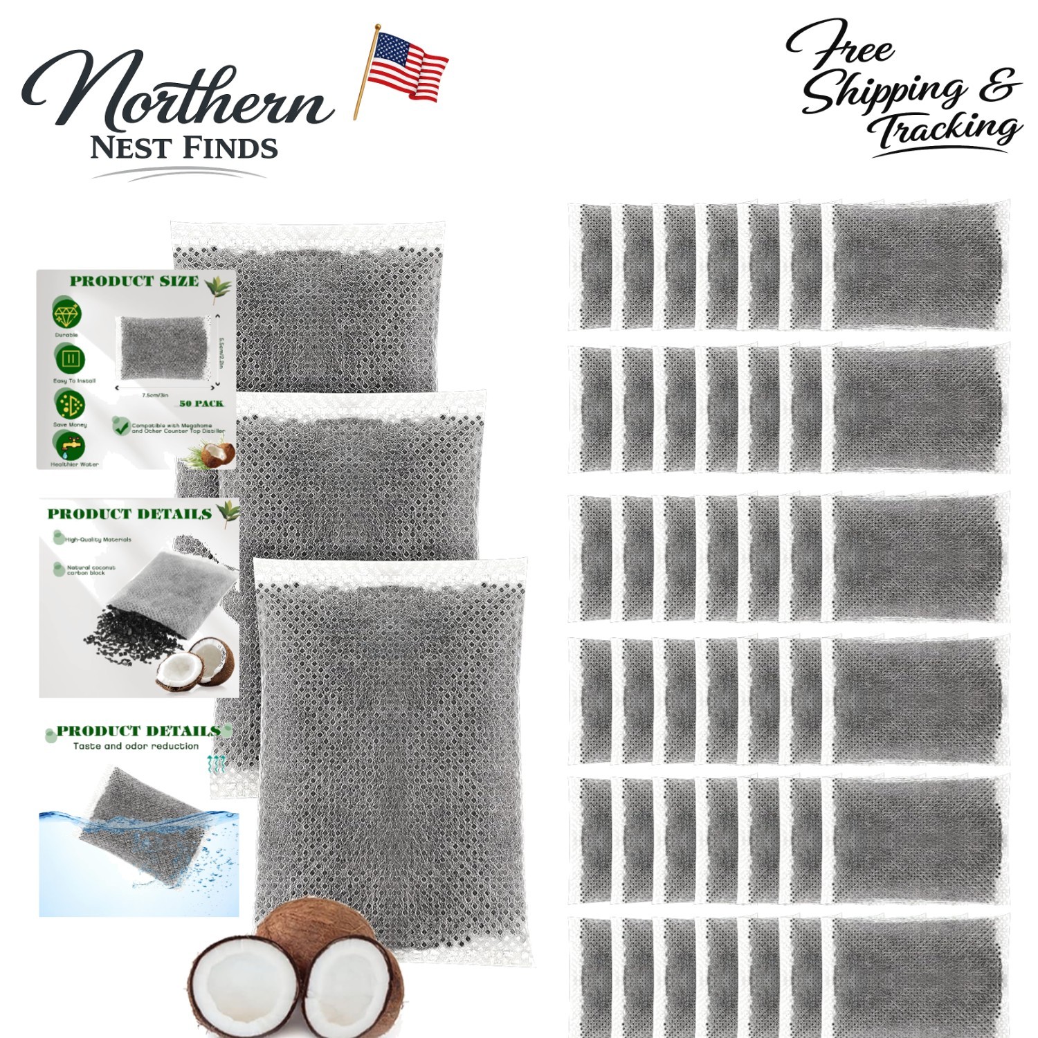 50 Pcs Activated Charcoal Water Filters – Better Tasting with Coconut Shells