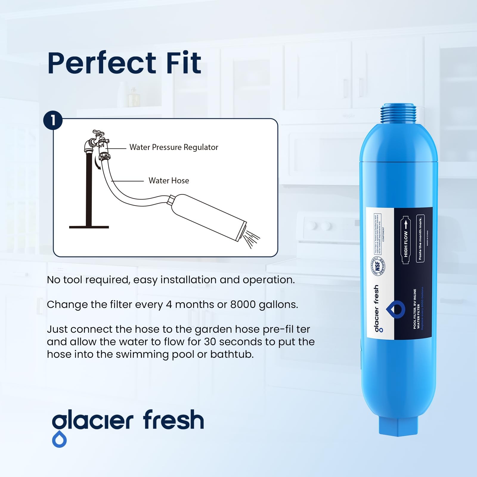GLACIER FRESH Garden Hose End Pool Water Filter 1 Count（Pack of 1）, Blue