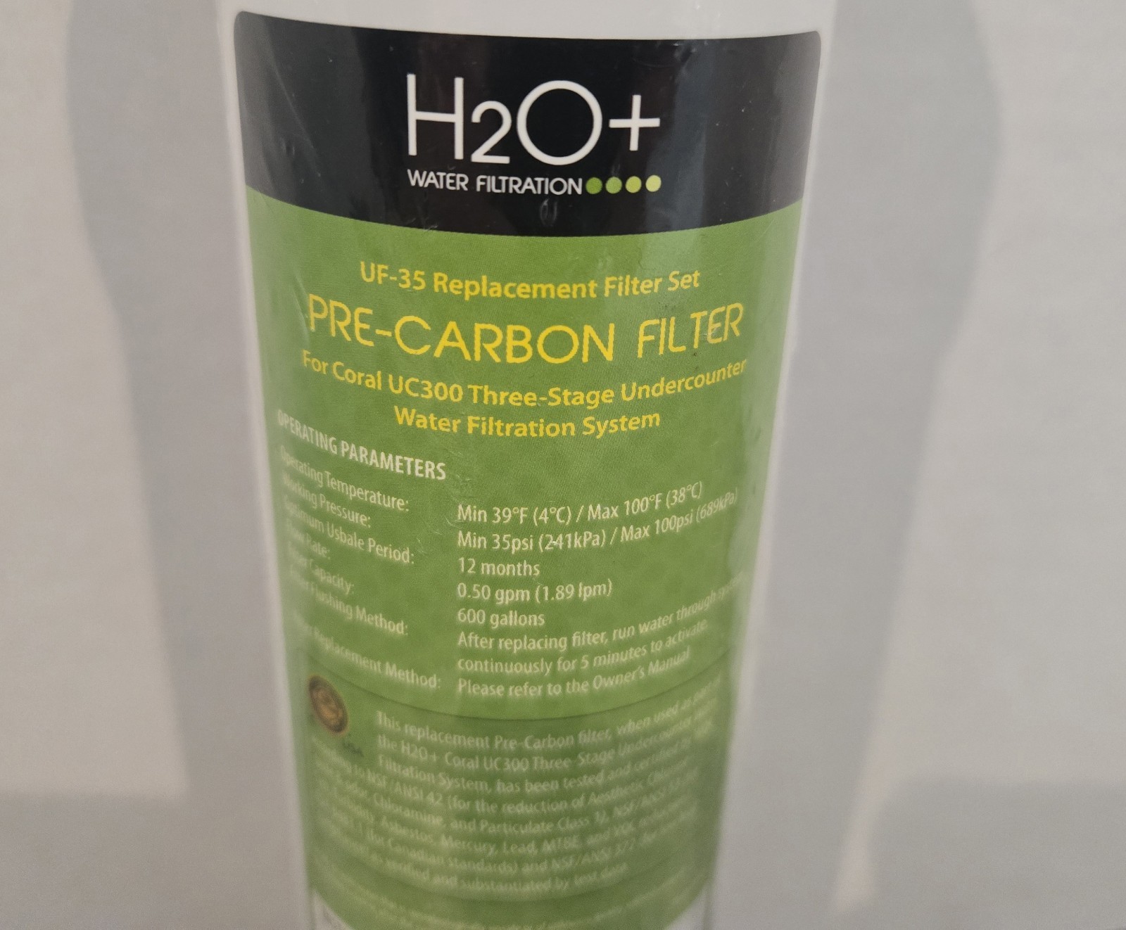 Brondell H2O+ Coral Pre-Carbon Replacement Water Filter (Green) UF-35 NEW SEALED