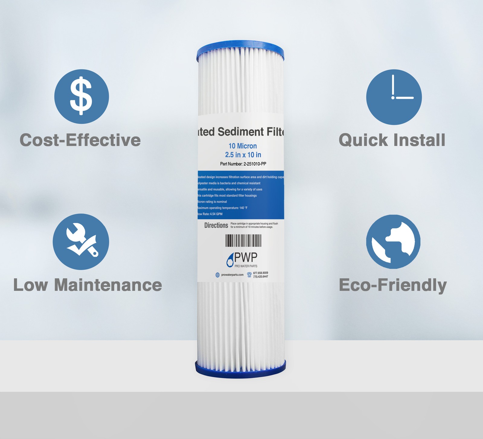 Pleated Polypropylene Water Filter Cartridge 2.5X10″ 10 Micron 25 Pack