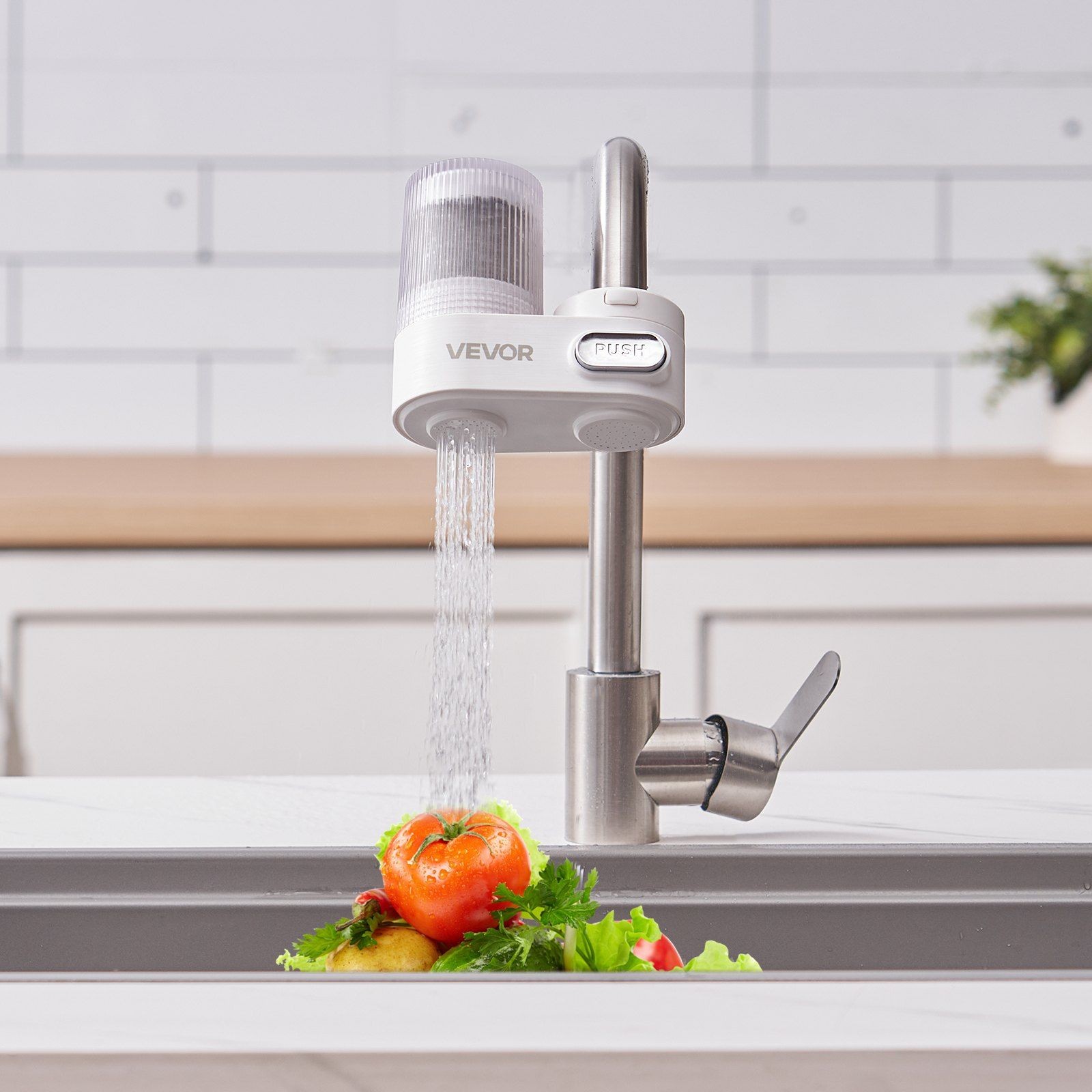 Vertical Water Purifier Faucet Mount for Sink Filter 2 Mode Carbon Fiber White