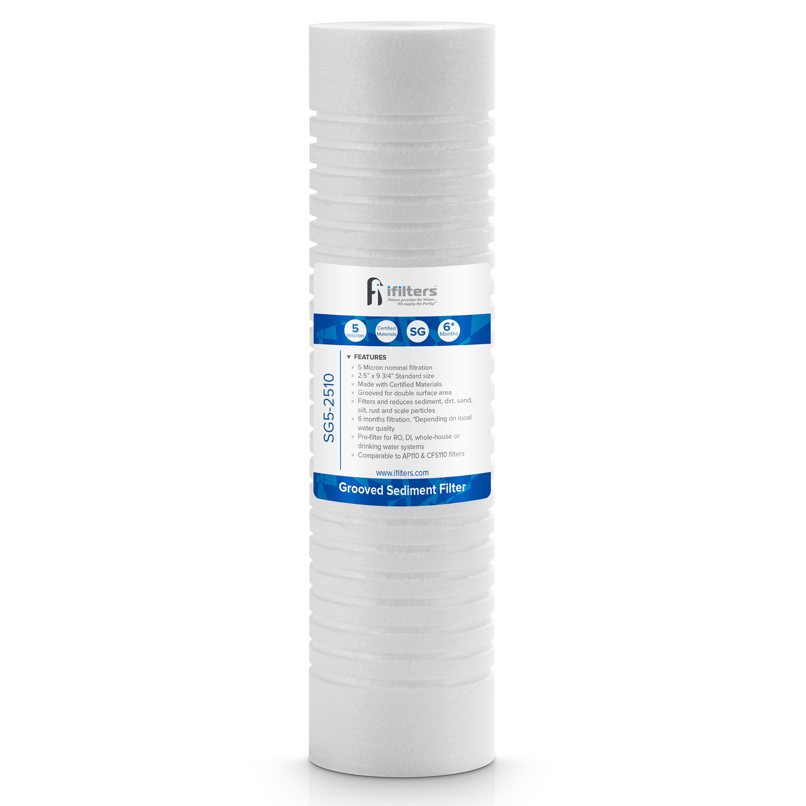 iFilters Sediment Grooved Water Filter Cartridge – 2.5″ x 10″ – 5 Micron –