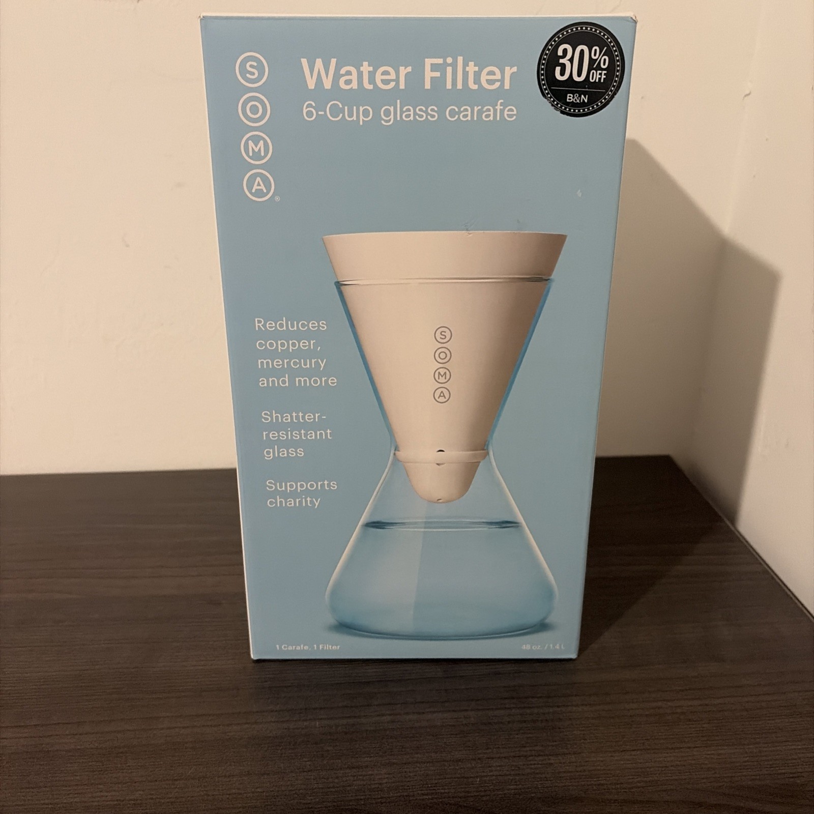 Soma Water Filter Pitcher 6 Cup 48 Oz Glass Carafe/Plant Based Carbon Filter New