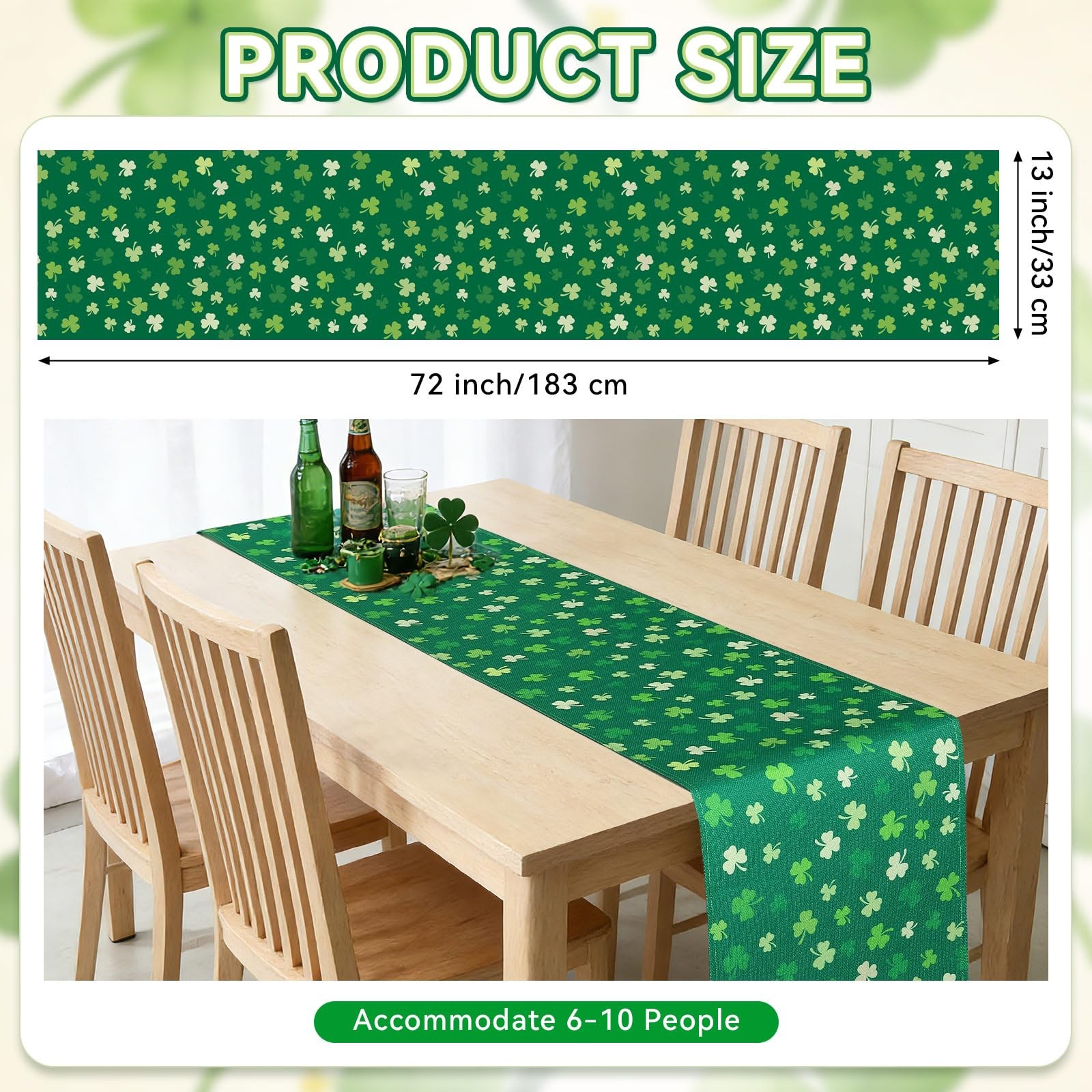 St. Patrick’s Day Shamrock Table Runner, 13 x 72 Inches 13 x 72 inches, Green