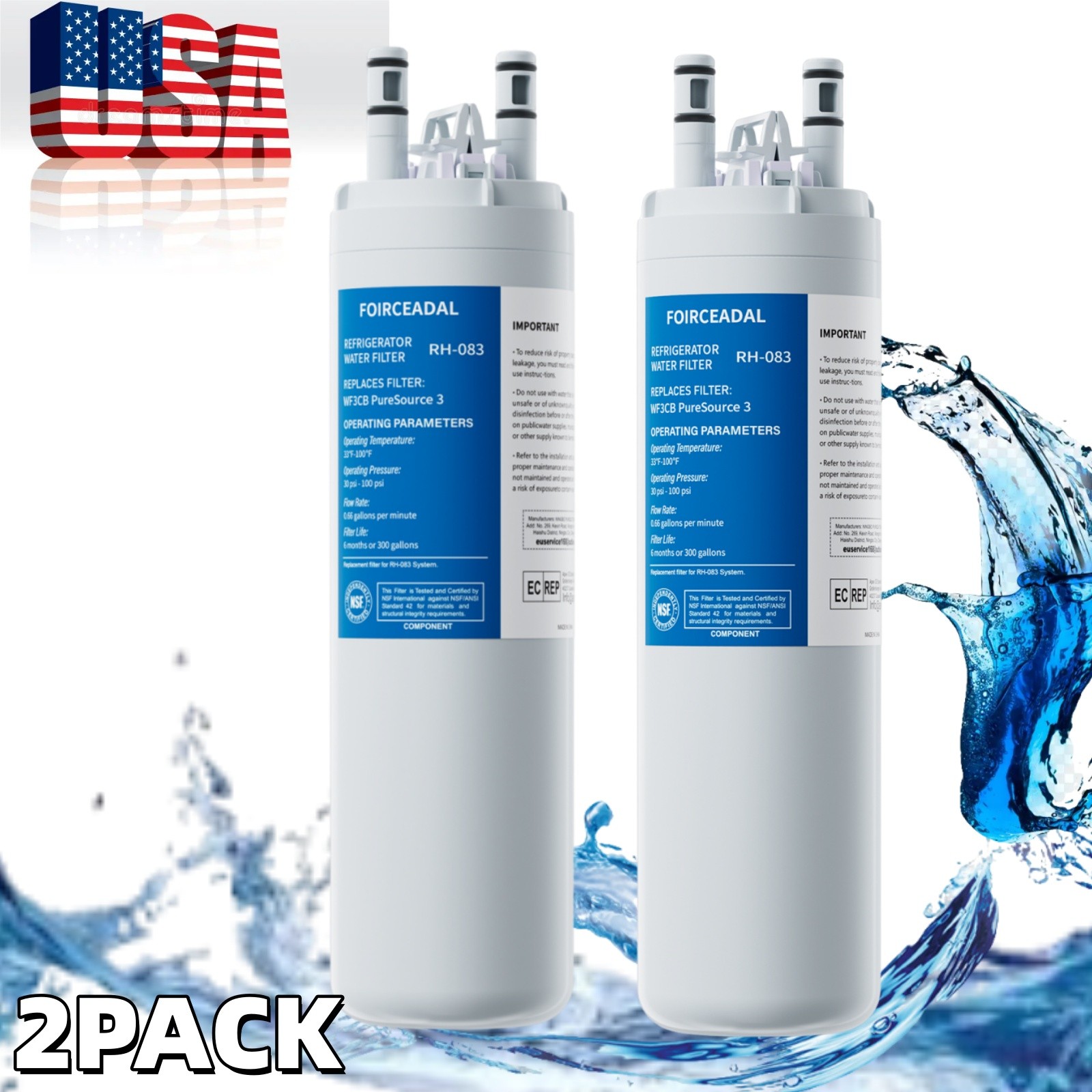 2 PACK FOR Frigdaire WF3CB PureSource 3 Refrigerator Water Filter New US Stock