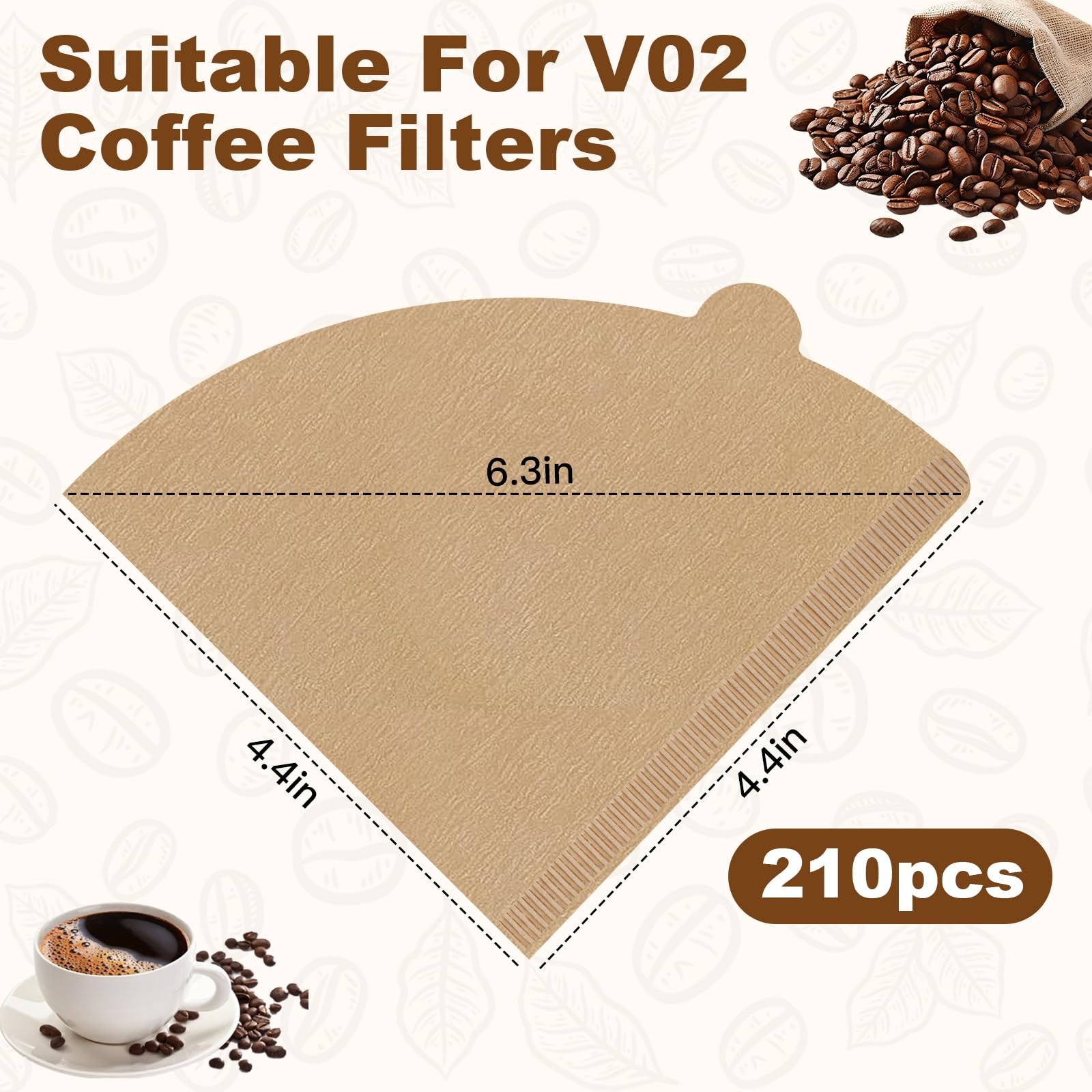 210 Count Coffee Filters #2, Size 02 Cone Filters, 1-4 Cups v02, Brown
