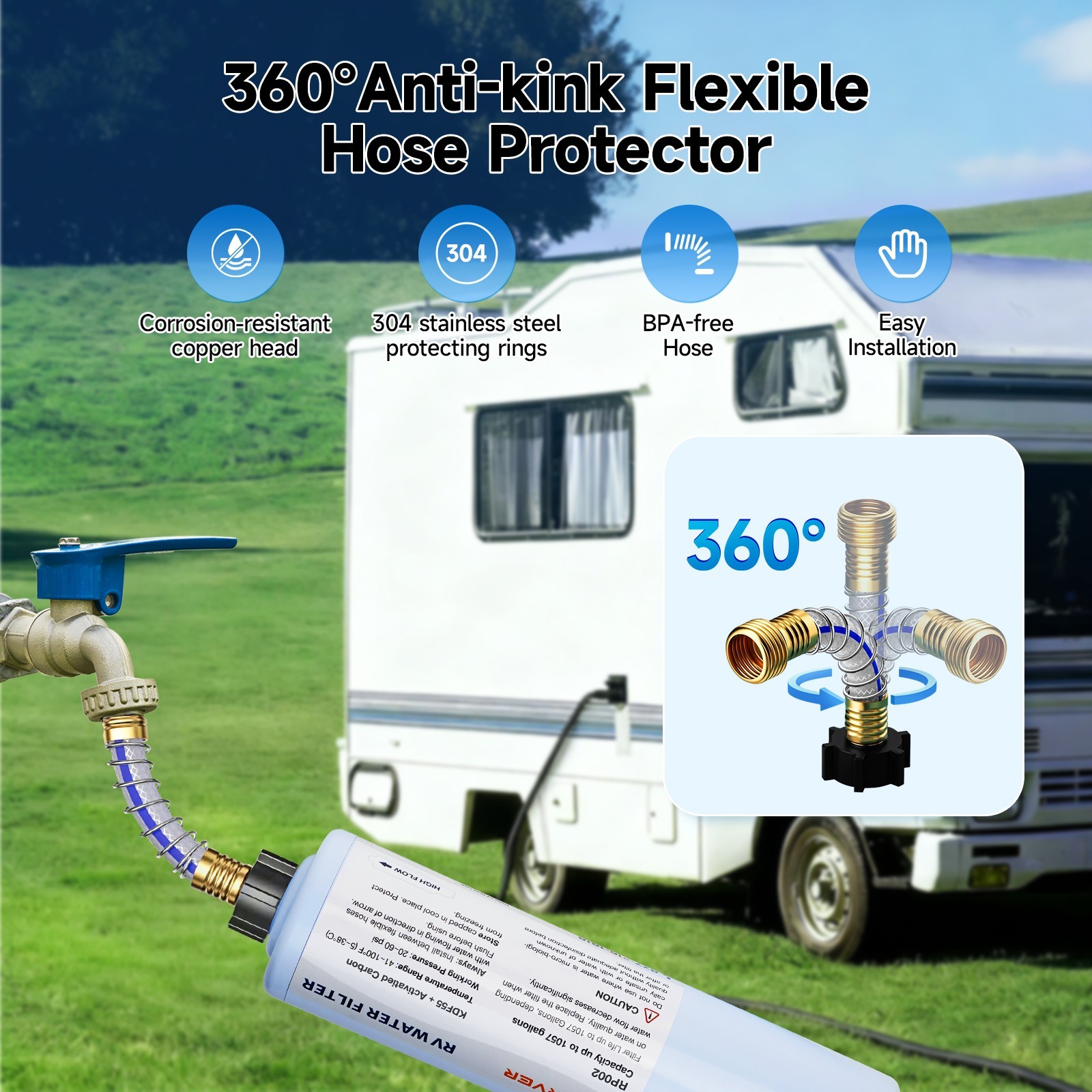 2 Pack RV Inline Water Filter w/Flexible Hose for Drinking & Washing Filter