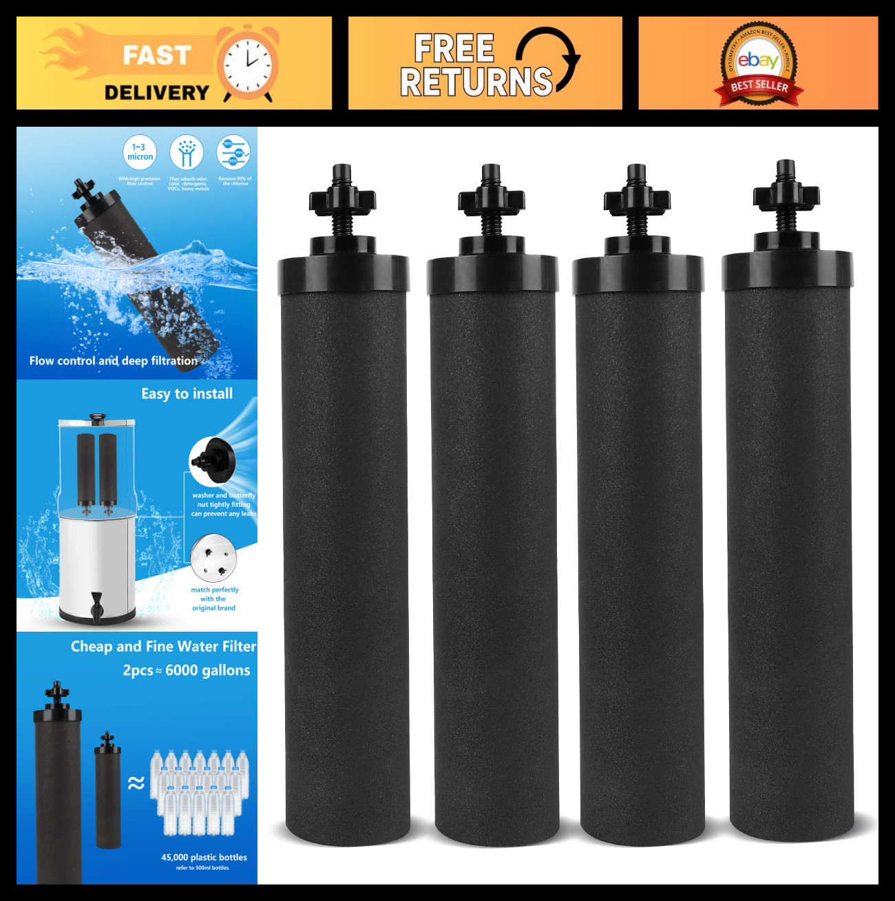 Water Filter Replacement Pack of 4 – Carbon Block Filters for Gravity Systems, R