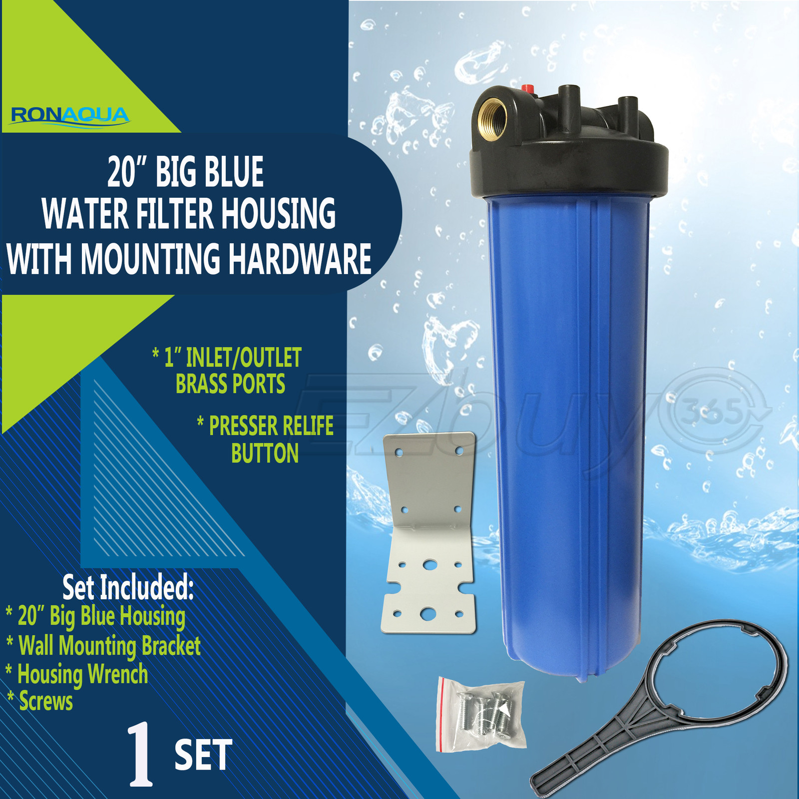 20″ Big Blue Housing for Whole House Water Filtration System, 1” Brass Port