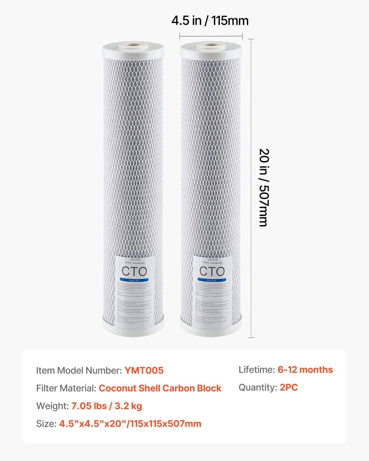 VEVOR Whole House Water Filter Replacement Cartridge 4.5″x20″ CTO Carbon 2 Pack