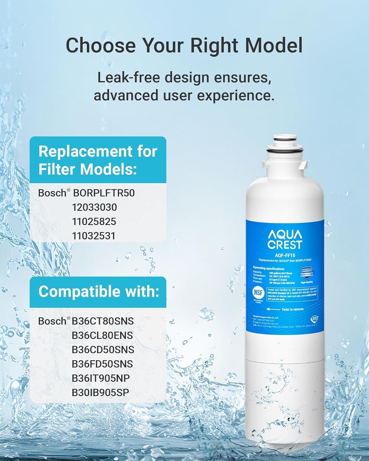 AQUA CREST Refrigerator Water Filters Replacement for Bosch® UltraClarity®, (3)