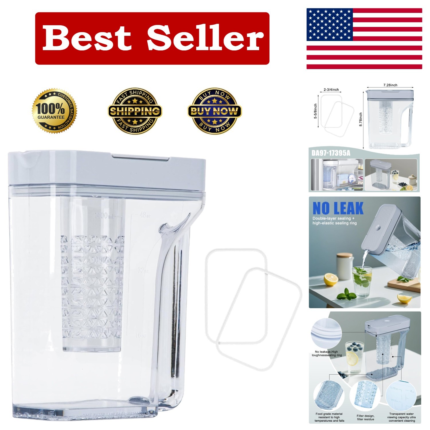 Transparent DA97-17395A Refrigerator Water Pitcher – 1.72lbs Leak-Proof Design