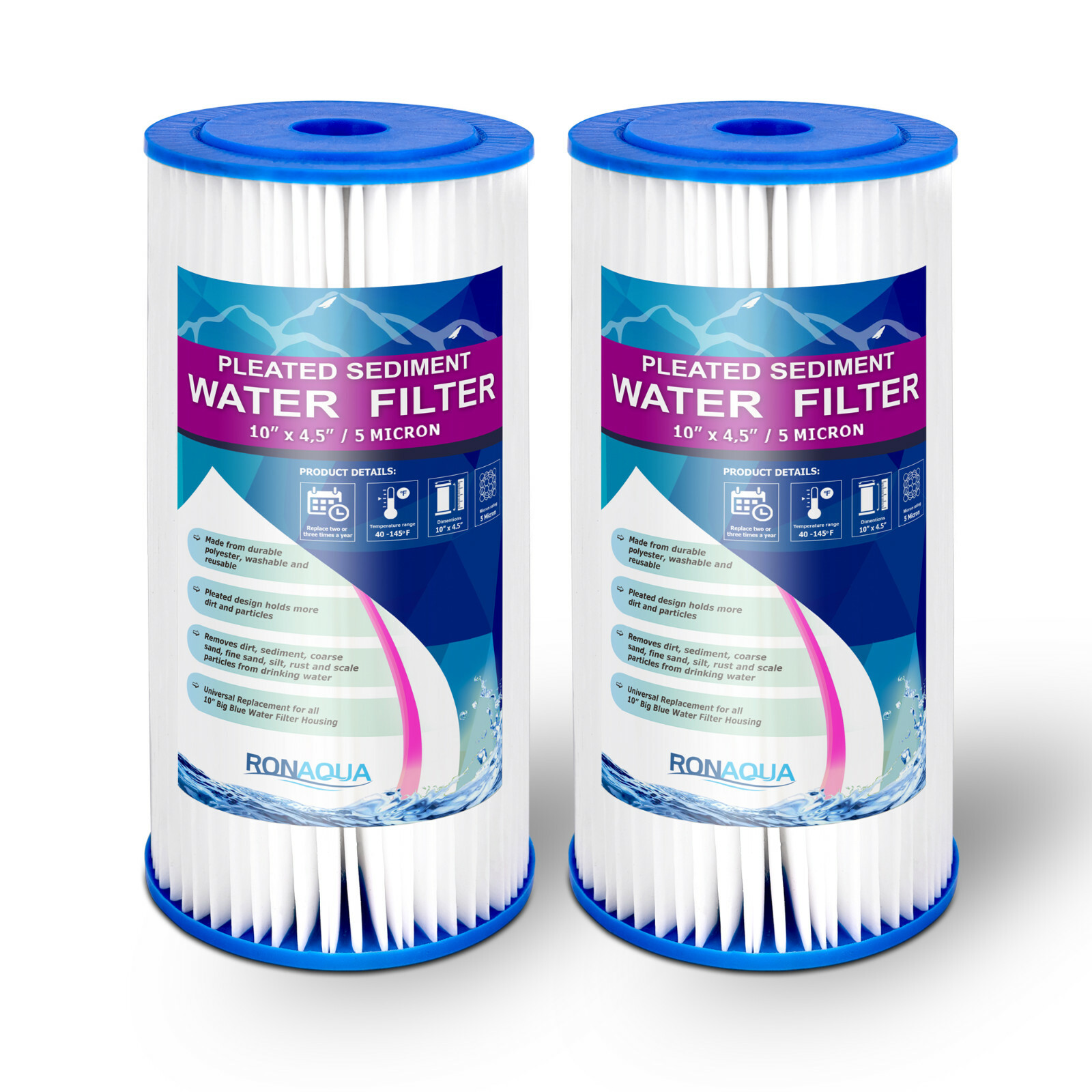 Big Blue Pleated Sediment Water Filters 2 Washable 5 Micron Cartridges 4.5 x 10