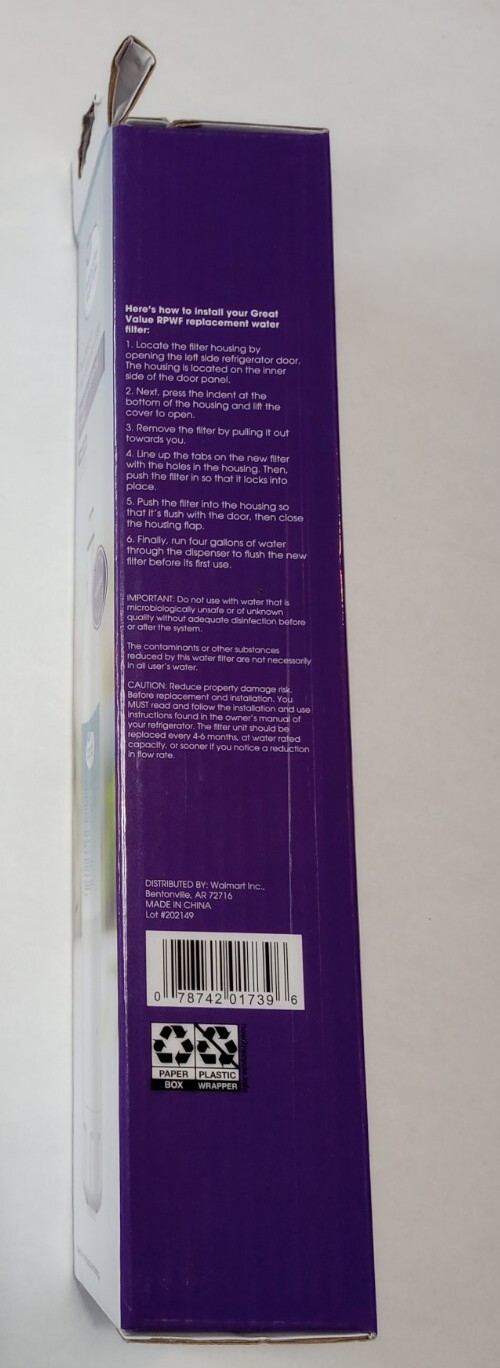Great Value Refrigerator Water Filter Replaces Ge Model RPWF 6 Month 300 Gallons