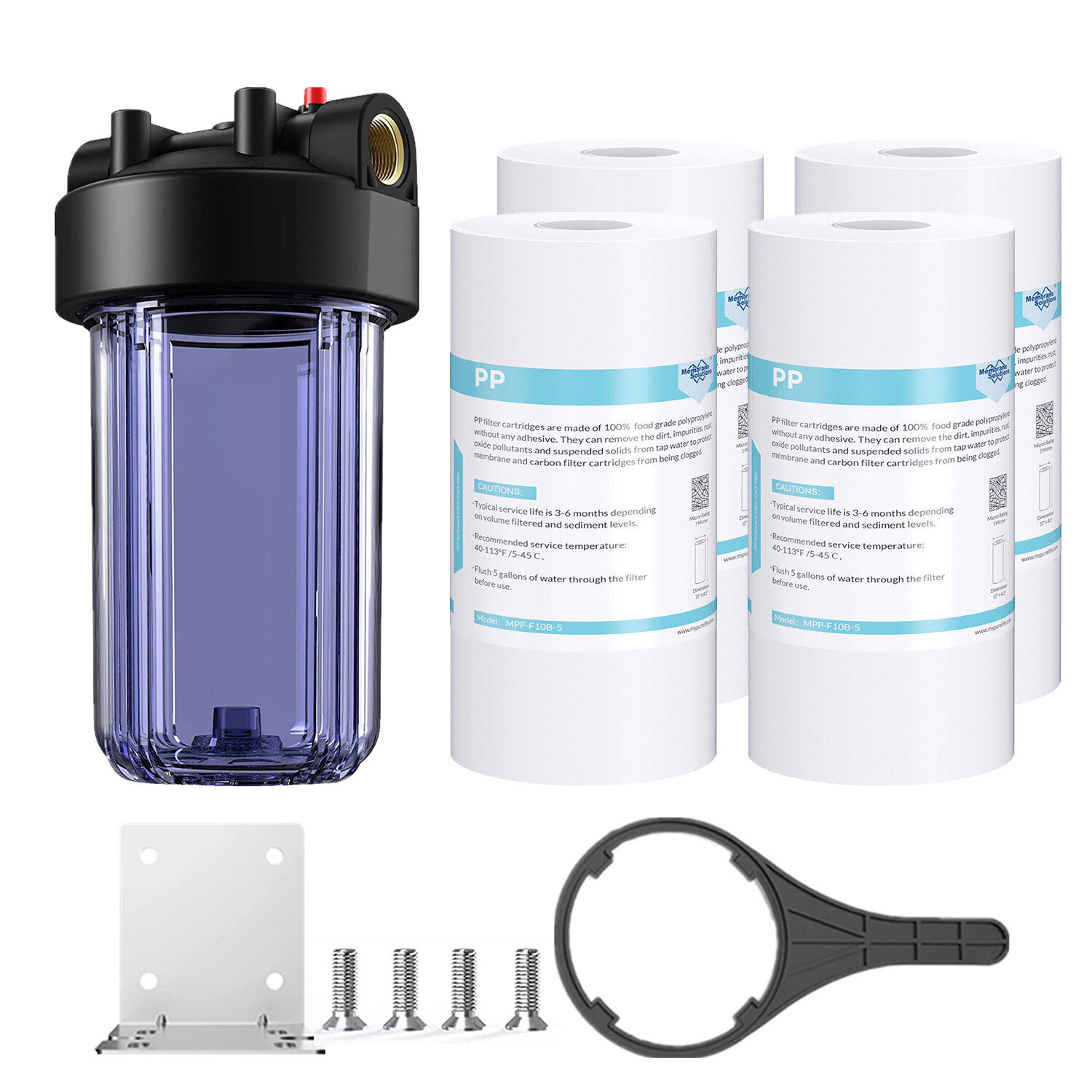 10 Inch Clear Whole House Water Filter Housing &4pcs Sediment Filtration System
