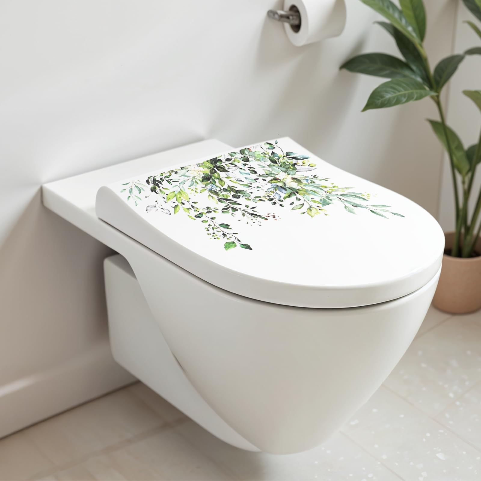Green Plant Leaves Flowers Toilet Seat Lid Stickers, DIY Removable Toilet Sticke