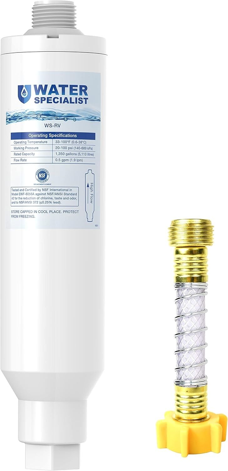 Waterspecialist RV Inline Water Filter Reduces Chlorine, 1 Pack 1 Hose Protector