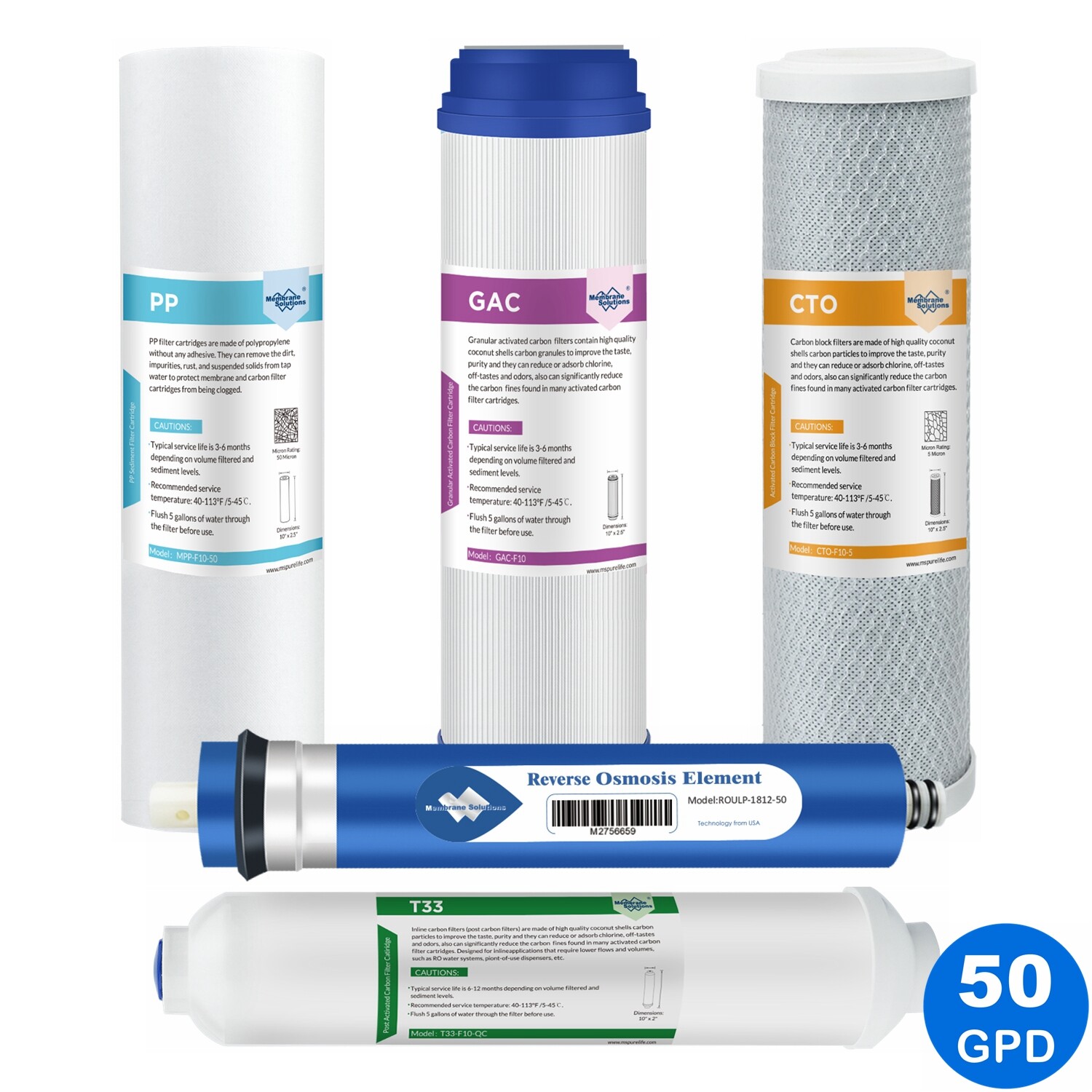 Full 5 Stage Reverse Osmosis System 50 GPD RO Membrane Water Filter Replacement