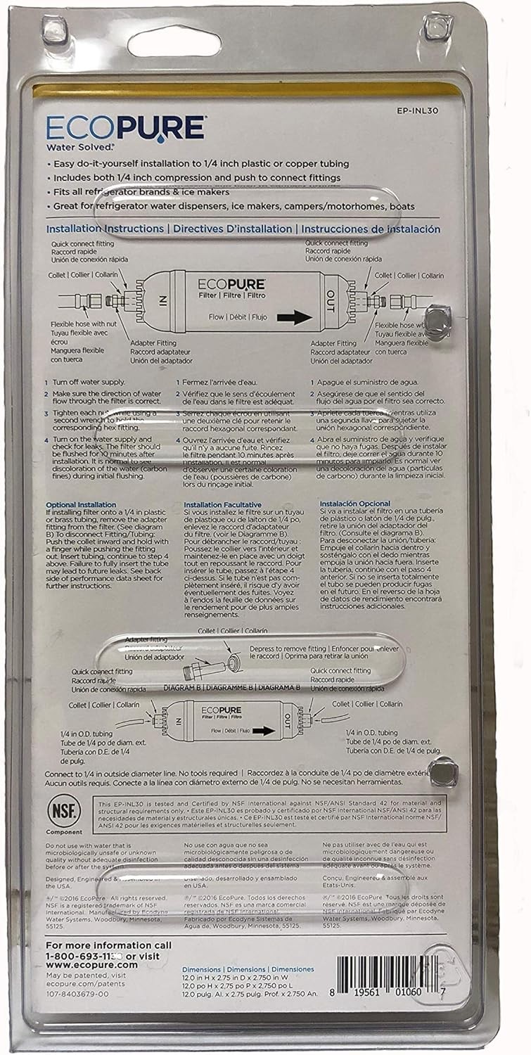 Ecopure 5 Year In Line Refrigerator Water Filter Compatible With Most Brands