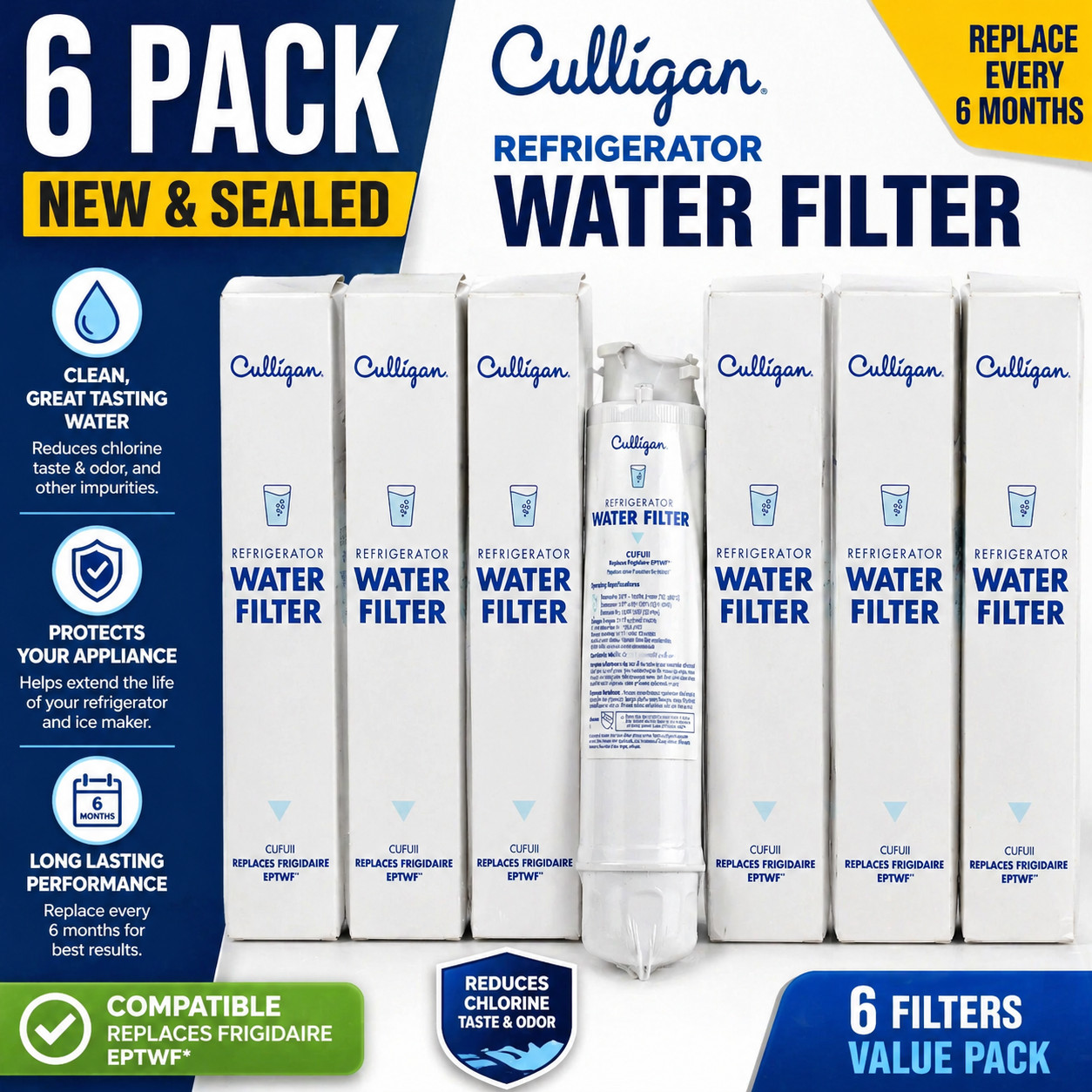6 X New Sealed Culligan CUFUII Refrigerator Water Filter Replace 6 Months EPTWF