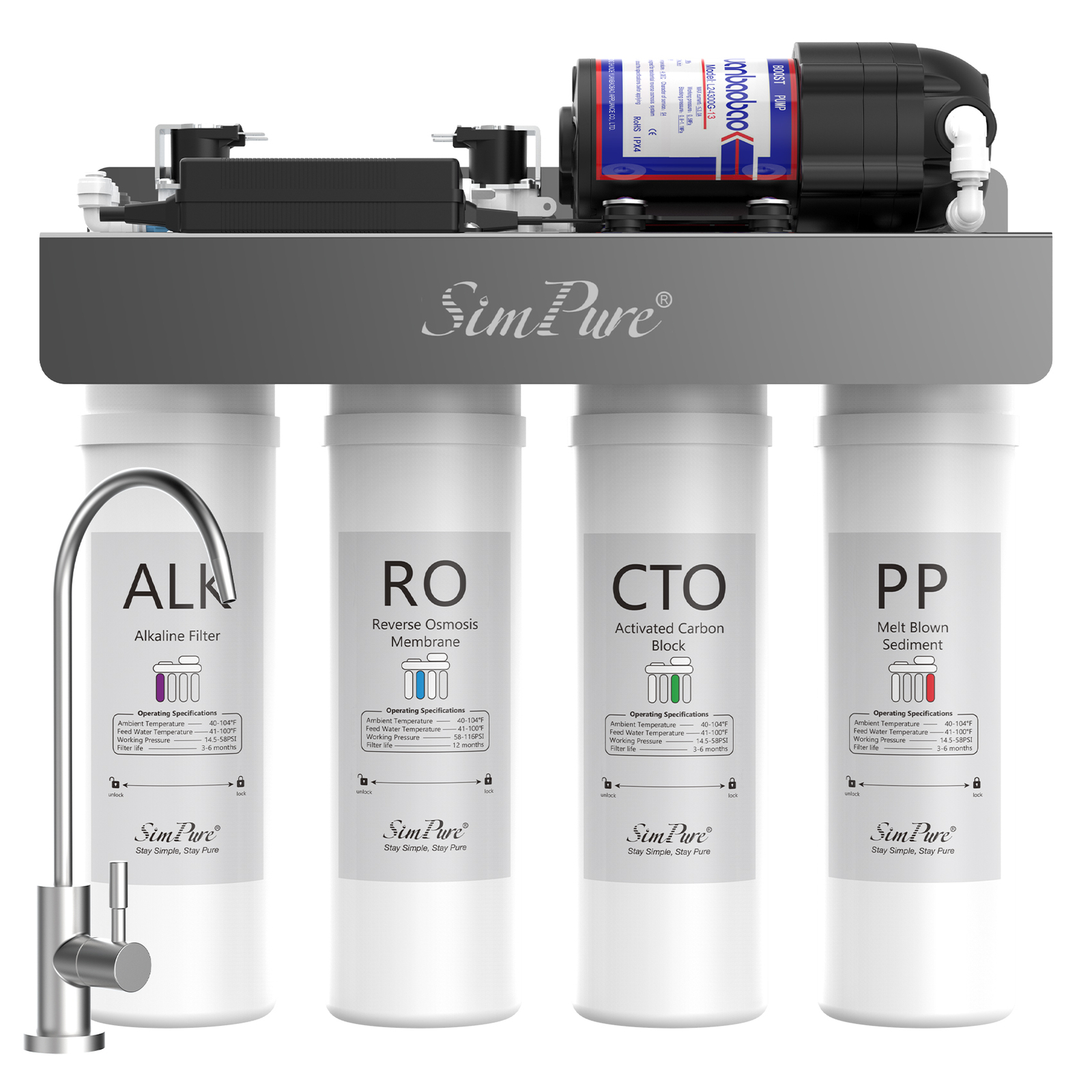 SimPure WP2-400GPD UV Alkaline pH+ Reverse Osmosis Water System+LCD TDS PH Meter