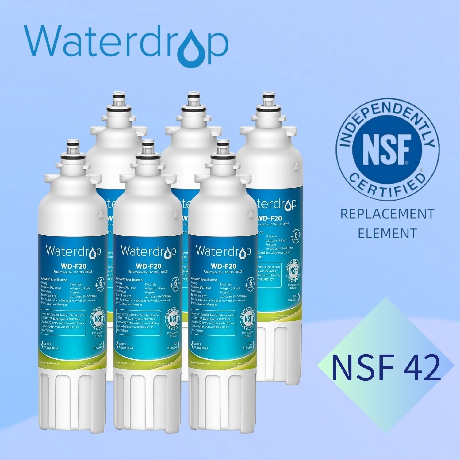 6 Pack LG® LT800P® ADQ73613401 Refrigerator Water Filter by Waterdrop