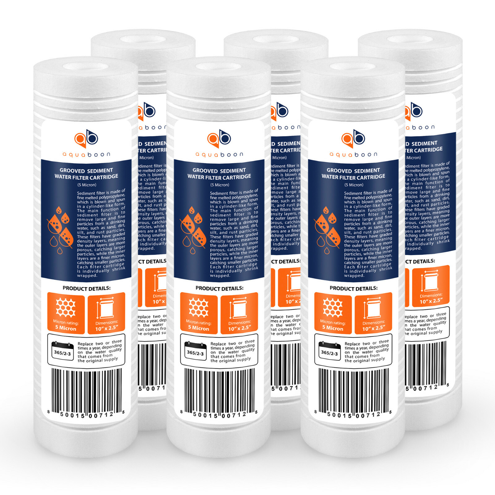 Grooved Sediment Water Filter 5 Micron 10″ x 2.5″ size 6 PACK by Aquaboon