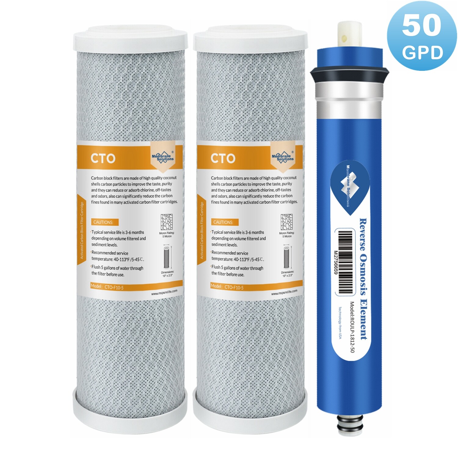 50 GPD RO Membrane Carbon Water Filter Cartridges Set for GE FX12P FX12M GXRM10G