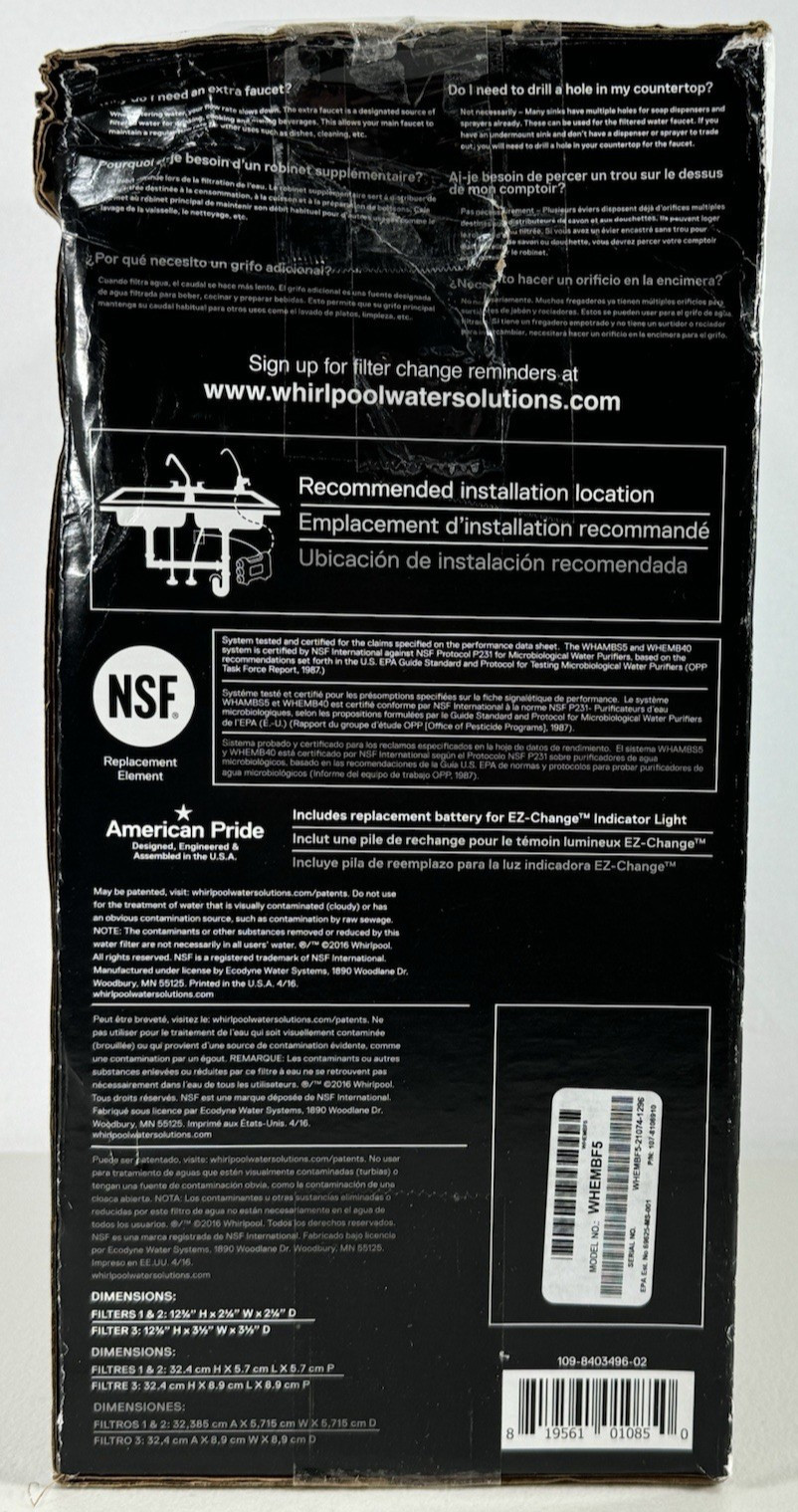 Whirlpool WHEMBF5 Under Sink Water Purifier System Filters for WHEMB40 WHAMBS5