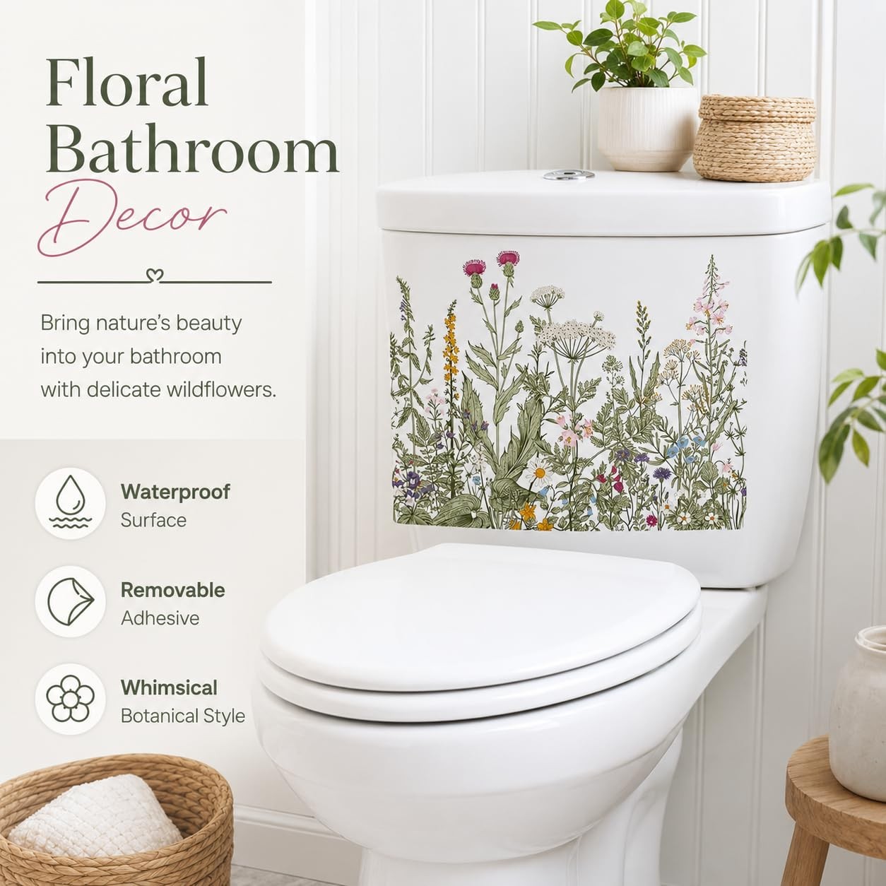 Waterproof Plant Leaves Flowers Seat Lid Stickers, Floral Bathroom Wall Stick…