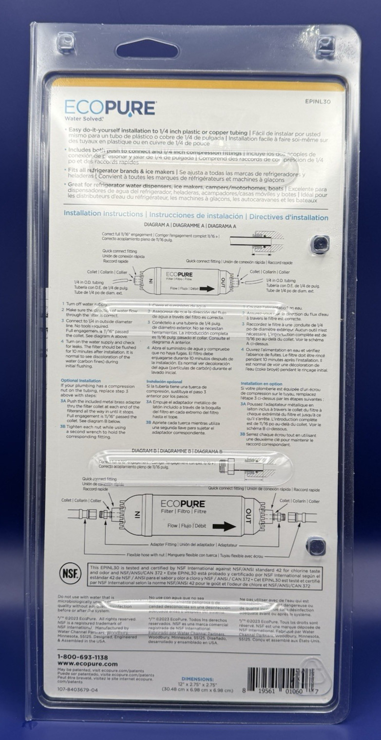EcoPure EPINL30 5 Year In-Line Refrigerator Water Filter Ice Maker Inline NEW