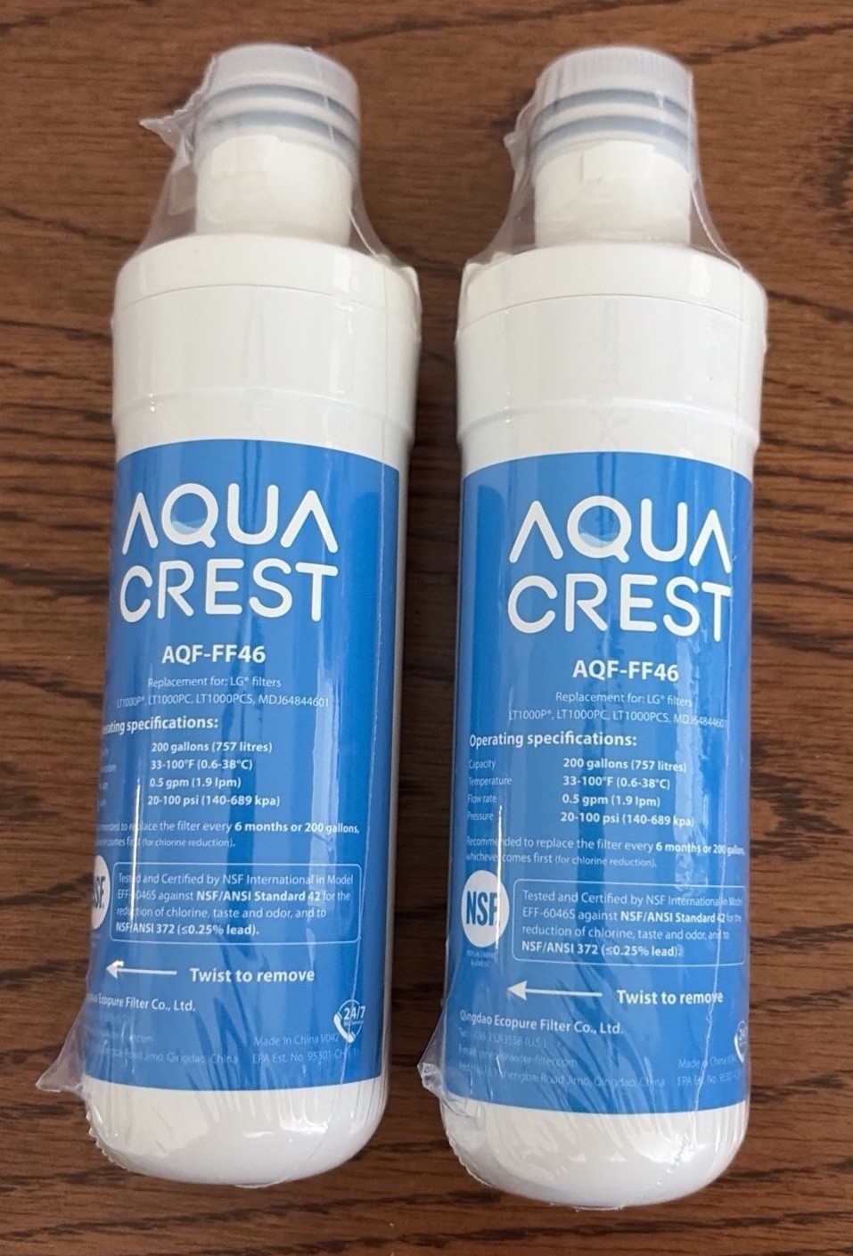 2 Aqua Crest AQF-FF46 Water Filter for LG LT1000P LT1000PC LT1000PCS MDJ64844601