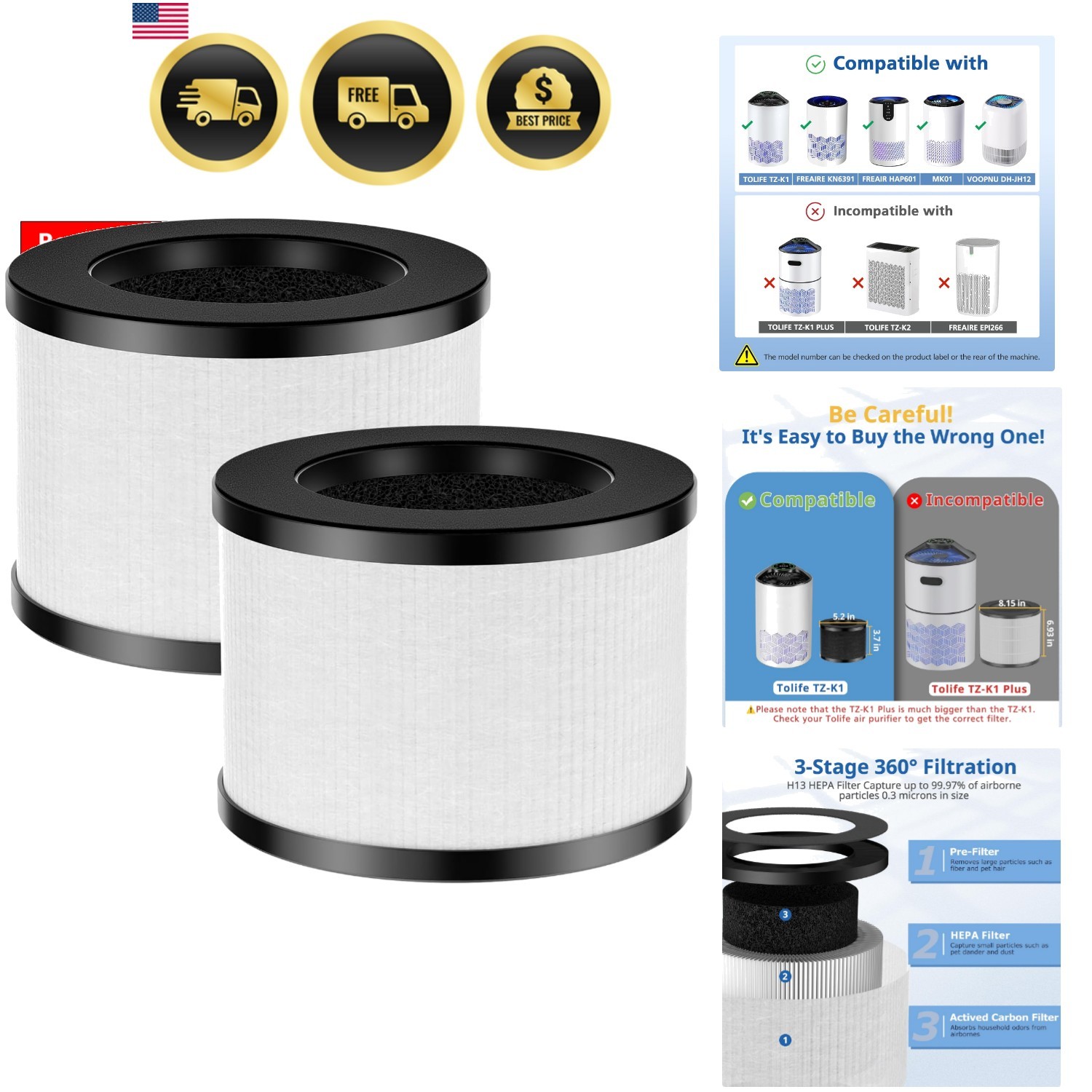 2 Pack TZ-K1 Replacement Filter Compatible with ToLife TZ-K1 Air Puri-fier, M…