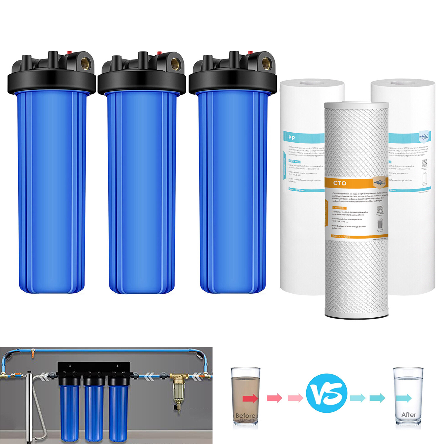 3-Stage 20 Inch Big Blue Whole House Water Filter Housing Filtration System Set