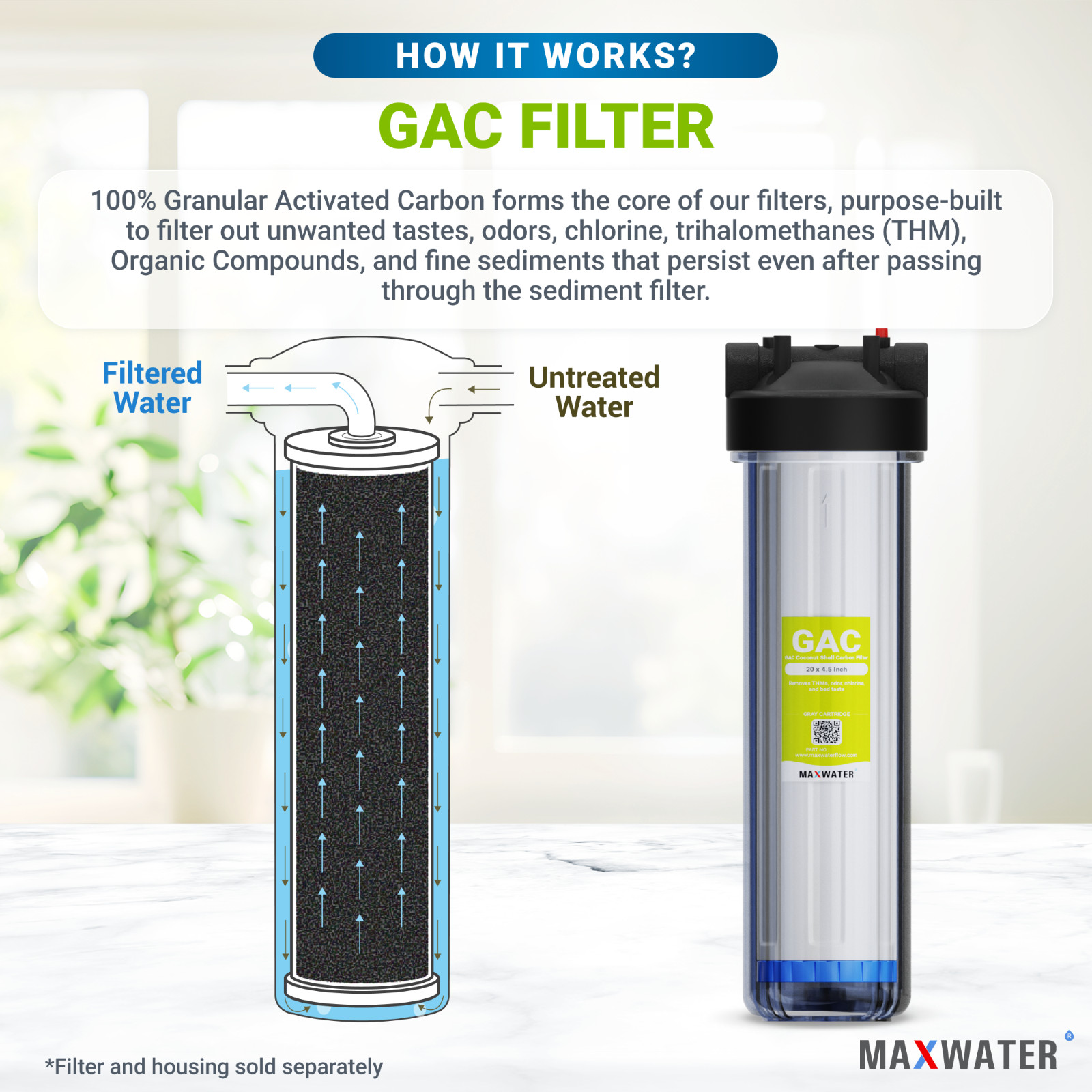(1) Big Blue 20″x 4.5″ Whole House GAC Coconut Shell Carbon Water Filter.