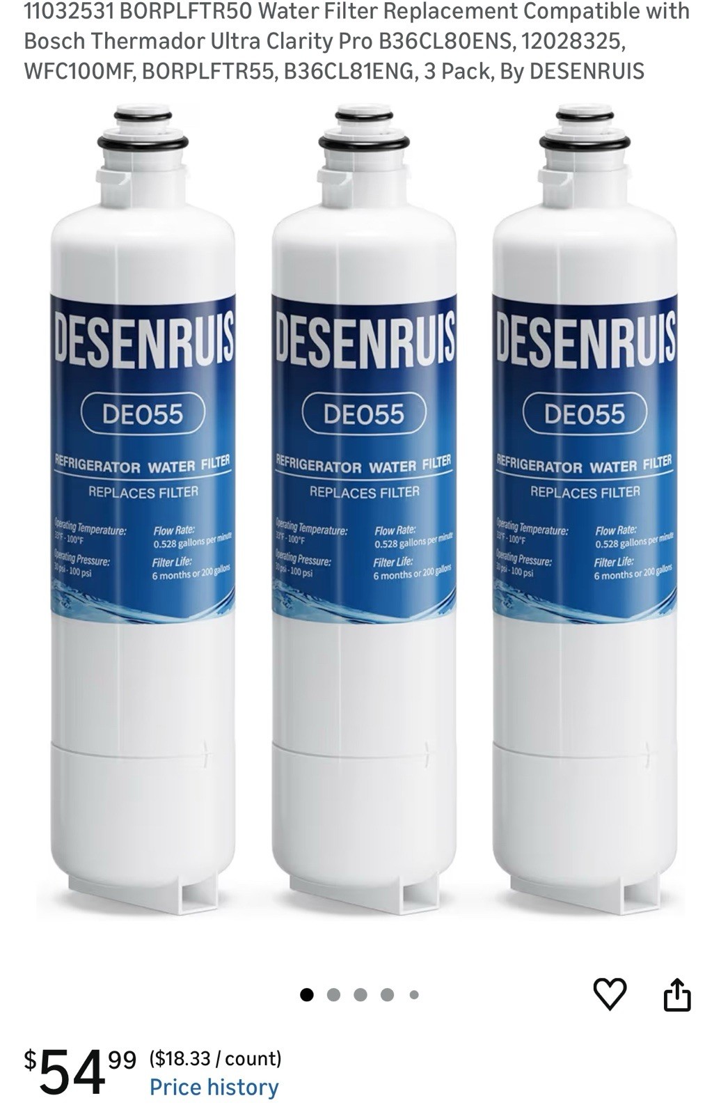3PK 11032531 BORPLFTR50 Water Filter Replacement for Bosch Thermador and more