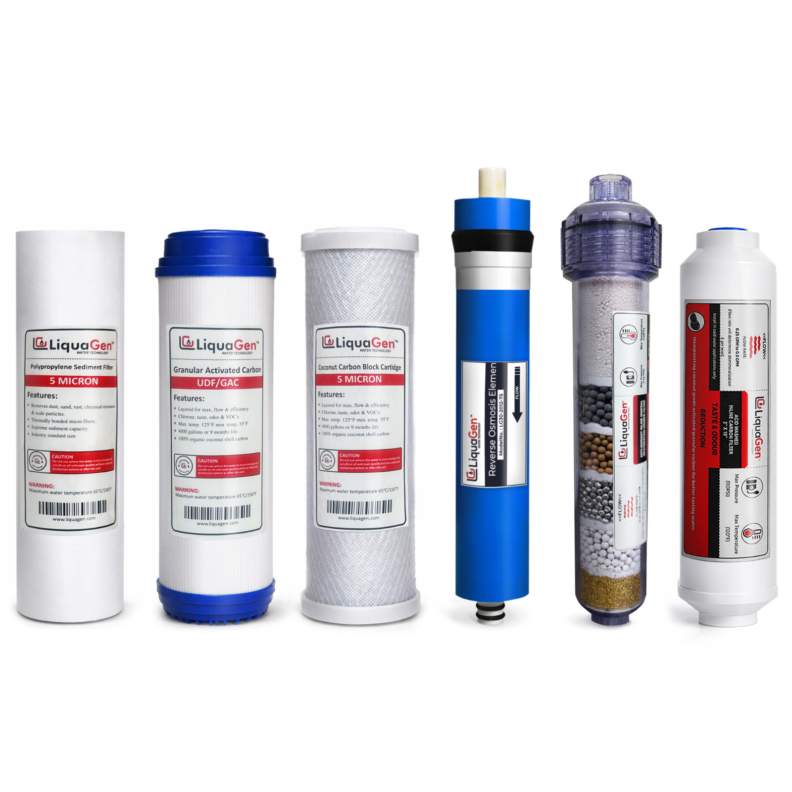 LiquaGen 6 Stage RO Filter Set RO Membrane + Alkaline Filter Kit – Universal 10″
