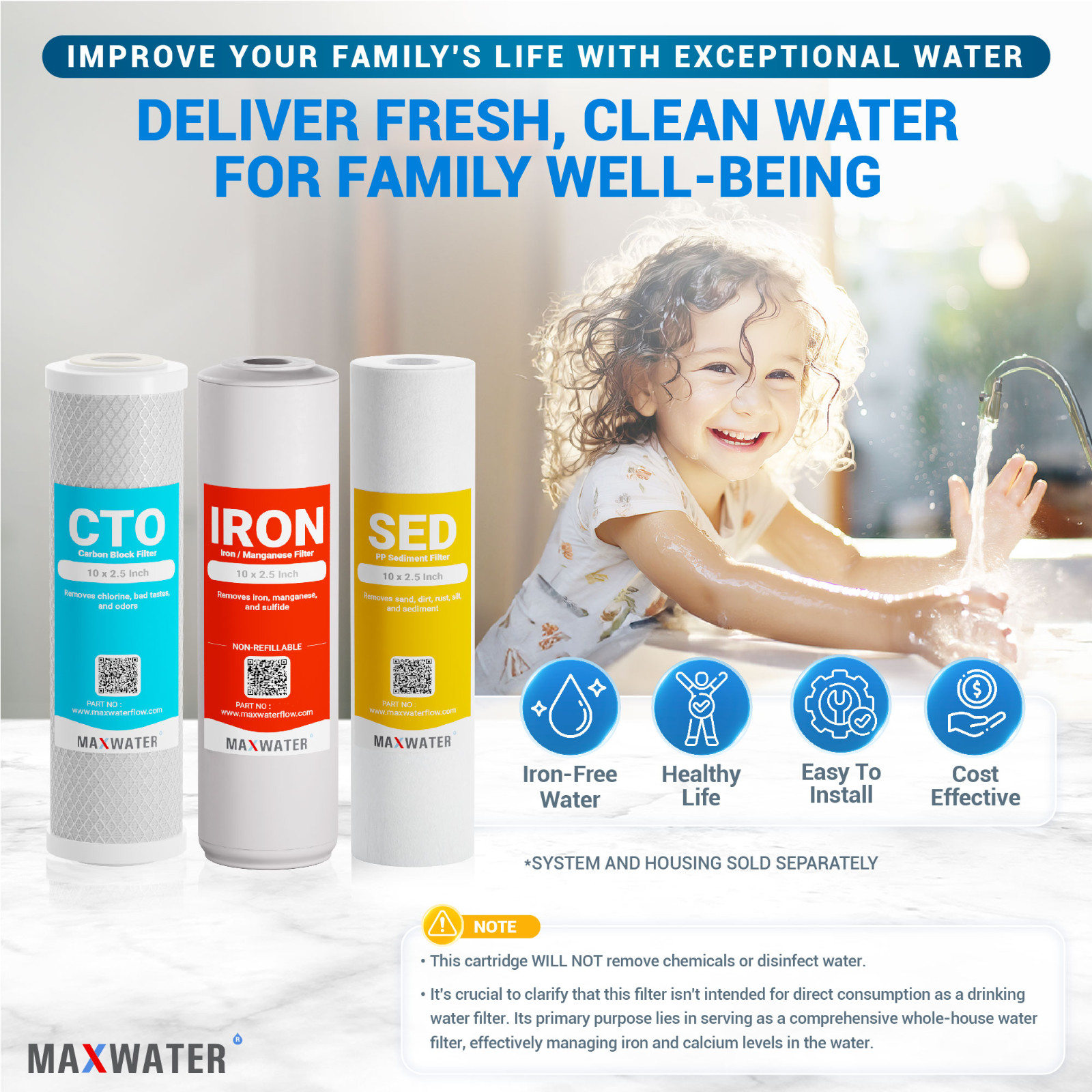Max Water Whole House Water Filter Replacement Set Sediment, Iron Manganese, CTO