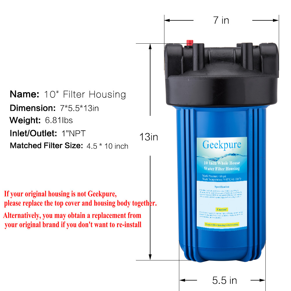 Geekpure 10 Inch Whole House Water Filter Housing 1″NPT Fit 4.5″ x 10″ BB Filter