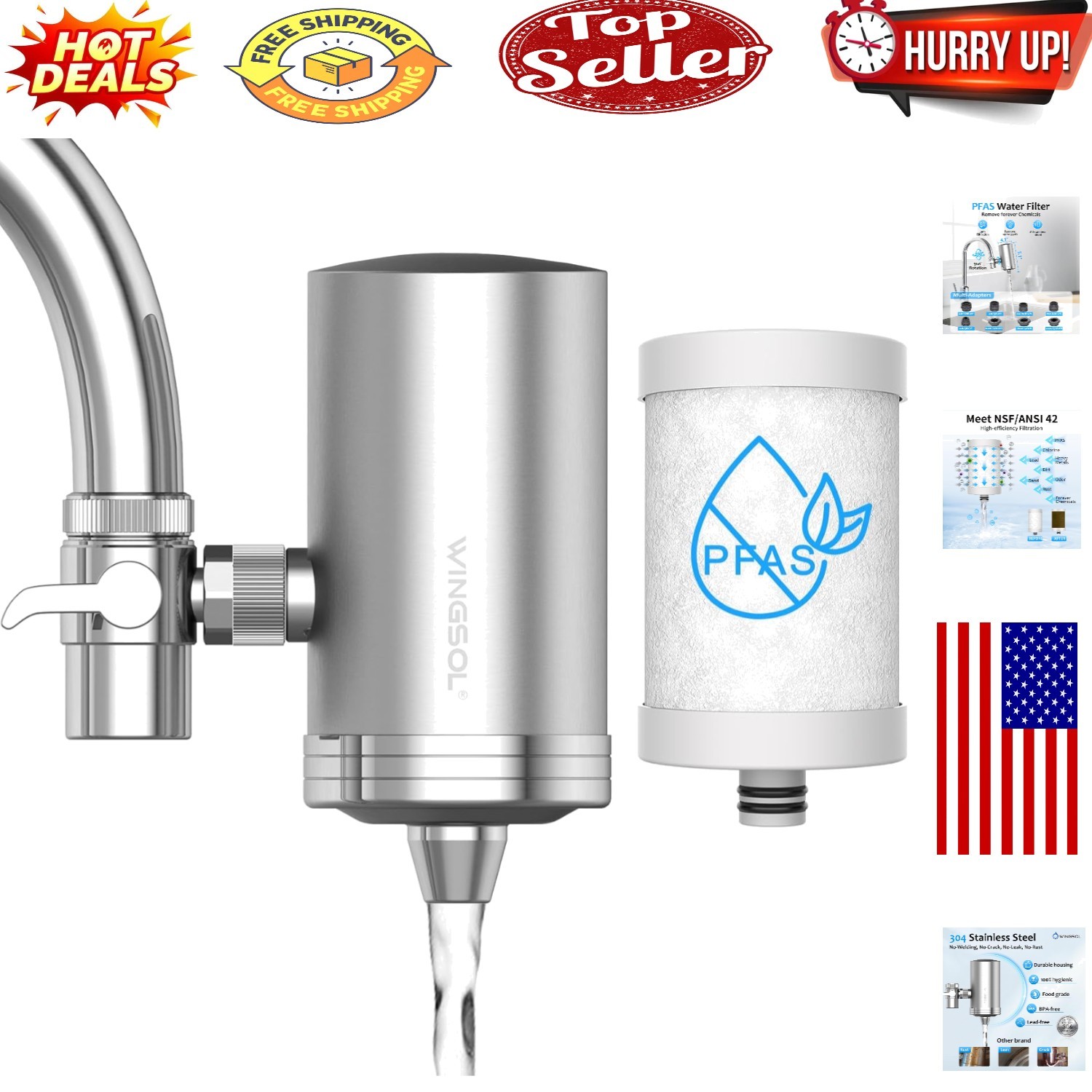 Stainless Steel Faucet Water Filter with 360° Rotation